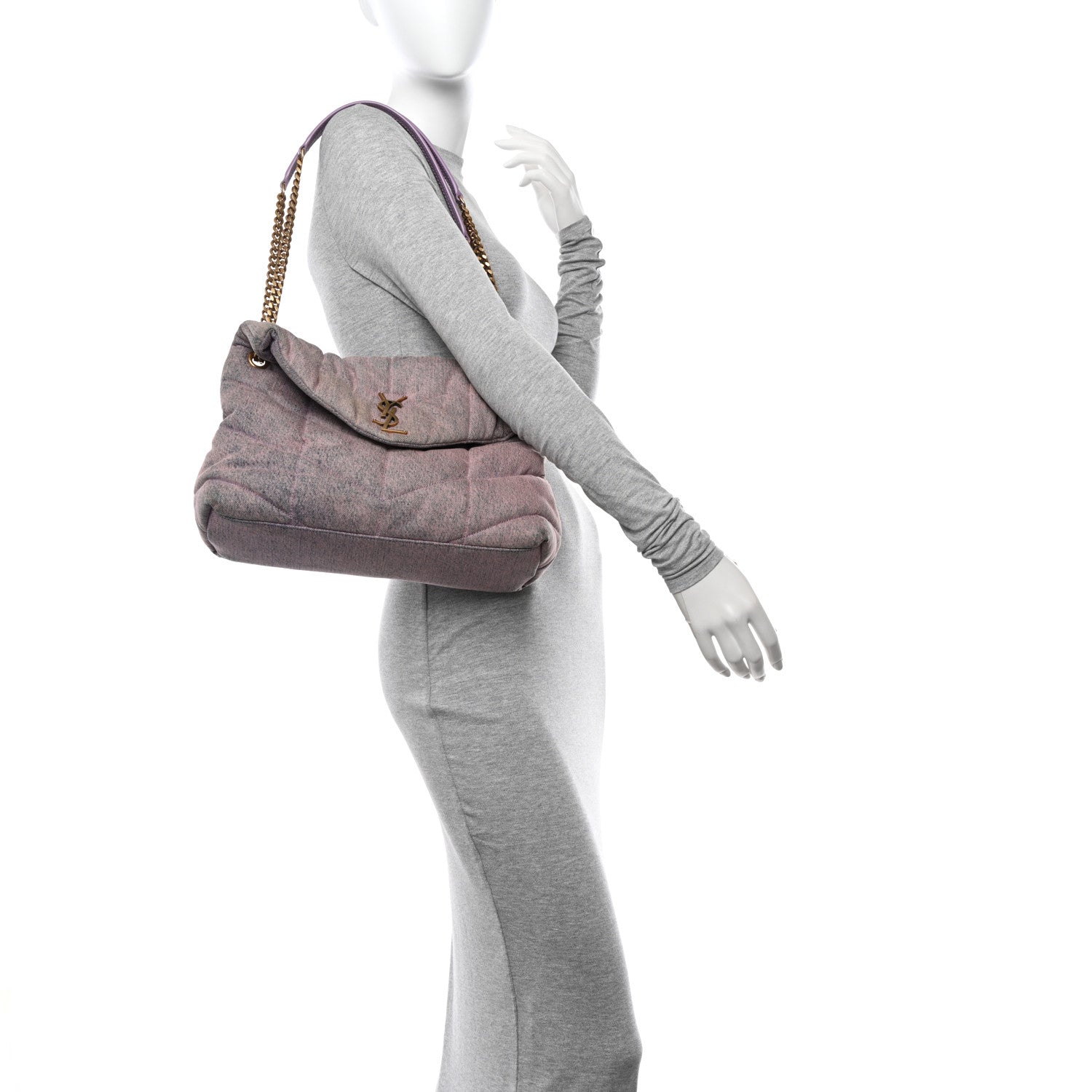 Saint Laurent Denim Quilted Medium Loulou Puffer Monogram Chain Satchel Bleached Lilac 2 of 11