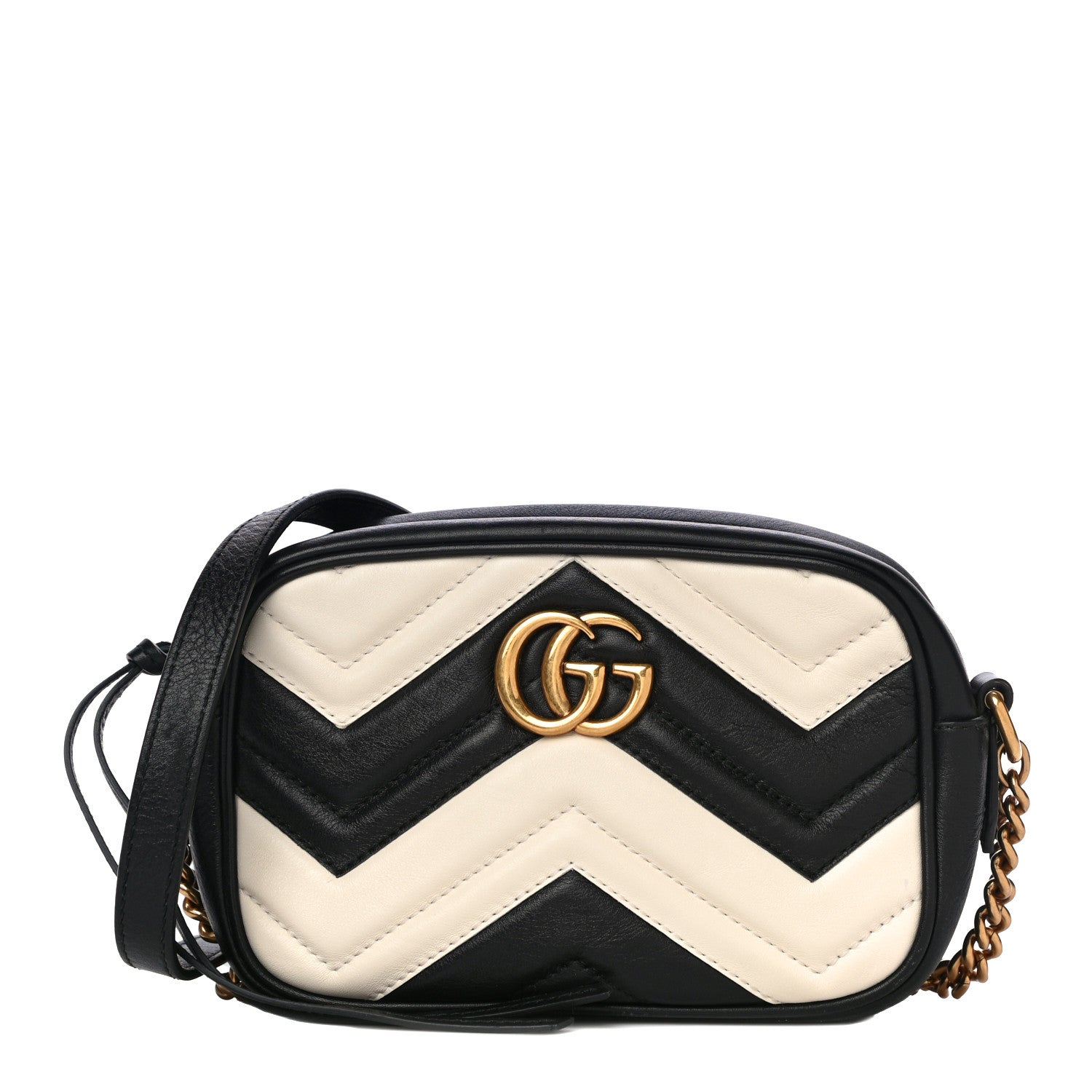 Gucci Calfskin Matelasse Mini GG Marmont Chain Shoulder Bag Black White 1 of 12