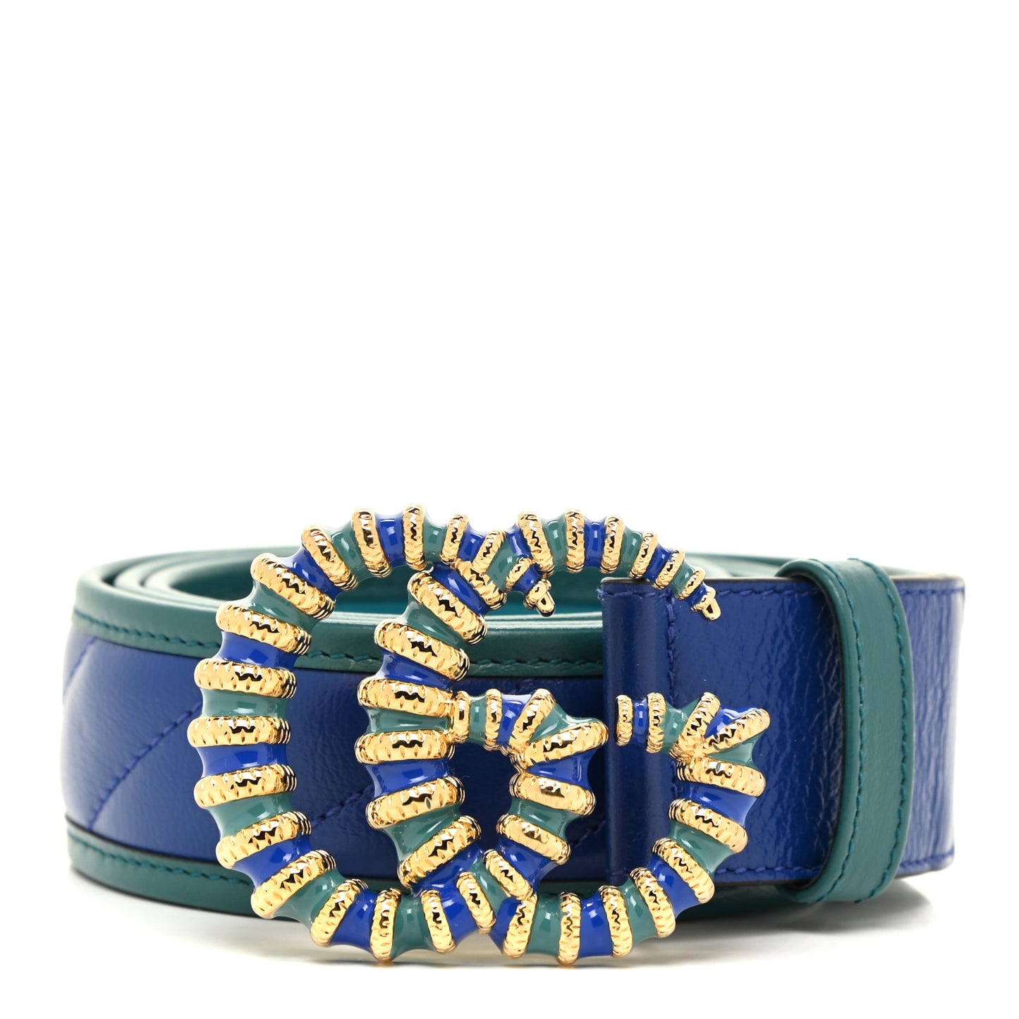 Vintage Effect Calfskin Matelasse Diagonal Enamel Double G 40mm Belt 95 38 Imperial Blue Pavone