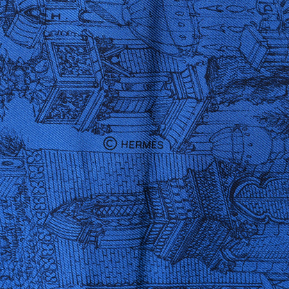 Hermes Silk L'Ombre Des Pivoine Scarf 90 Bleu Moyen Rouge White 4 of 5