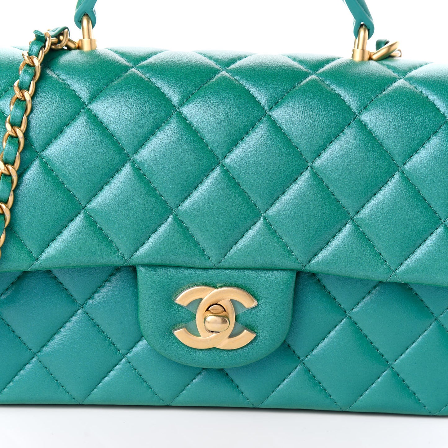 Iridescent Lambskin Quilted Mini Top Handle Rectangular Flap Green