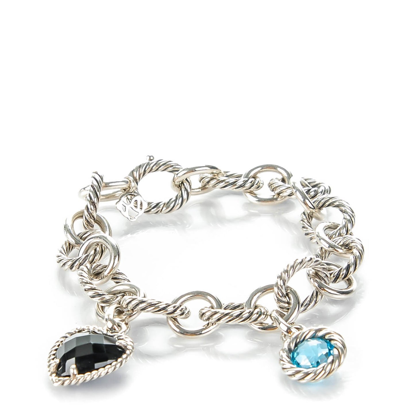 Sterling Silver Black Onyx Blue Topaz 12mm Large Oval Link Heart Charm Bracelet
