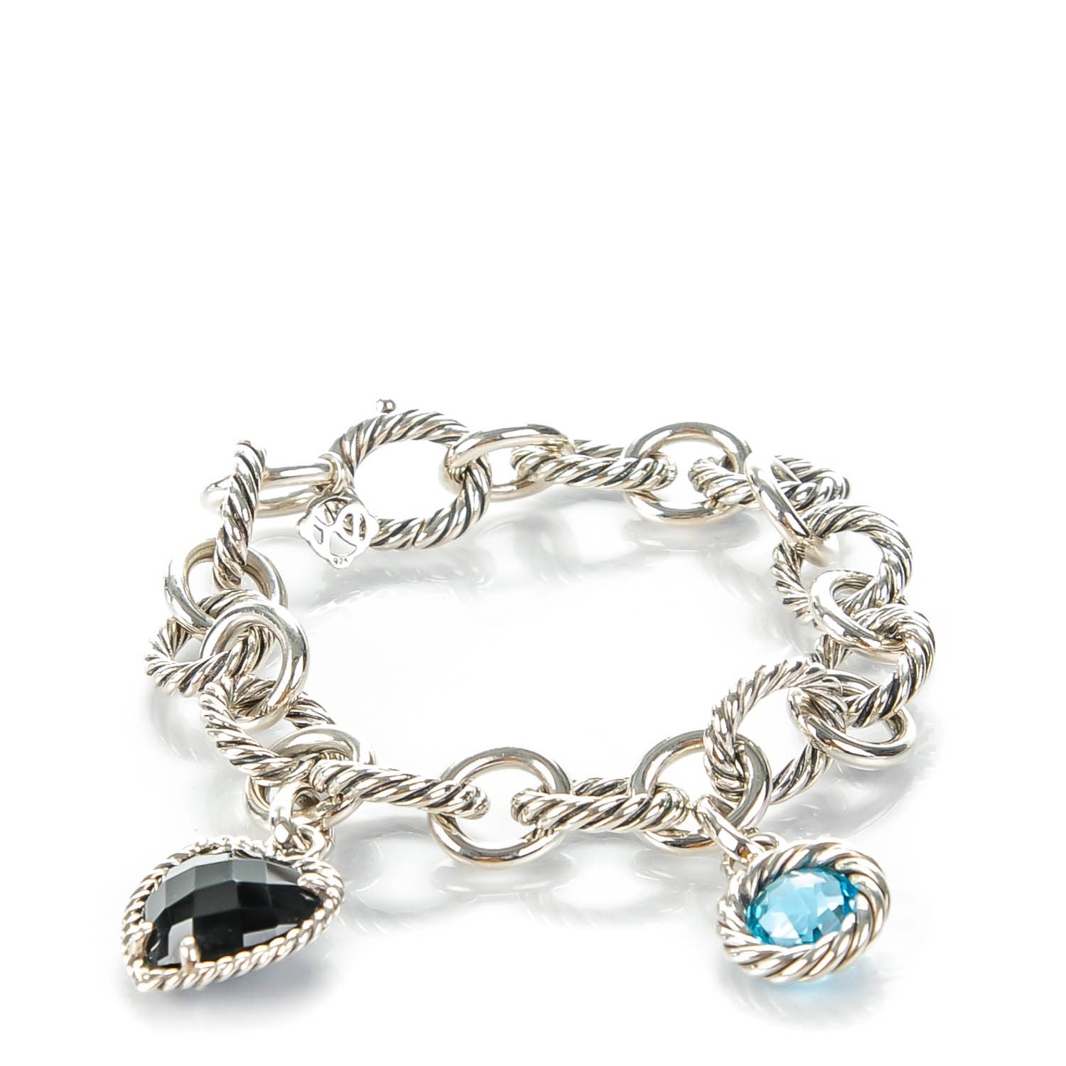 David Yurman Sterling Silver Black Onyx Blue Topaz 12mm Large Oval Link Heart Charm Bracelet 1 of 7