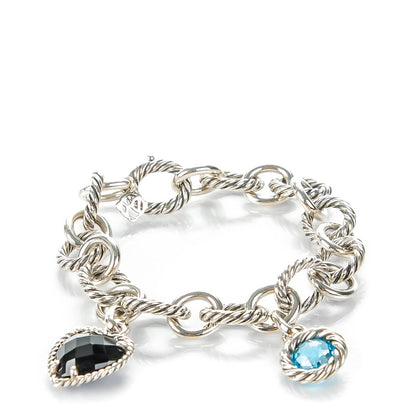 David Yurman Sterling Silver Black Onyx Blue Topaz 12mm Large Oval Link Heart Charm Bracelet 1 of 7