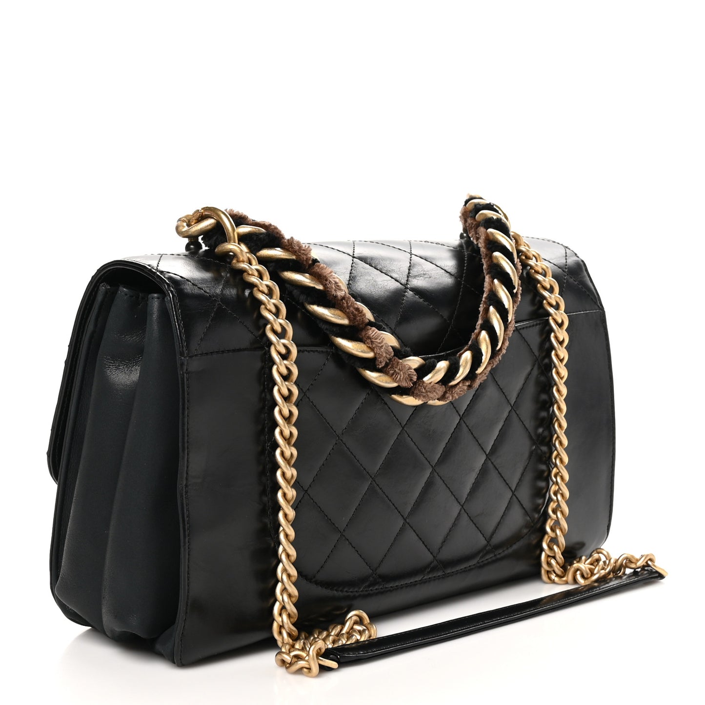 Aged Glazed Calfskin Quilted Straight Lined Flap Black