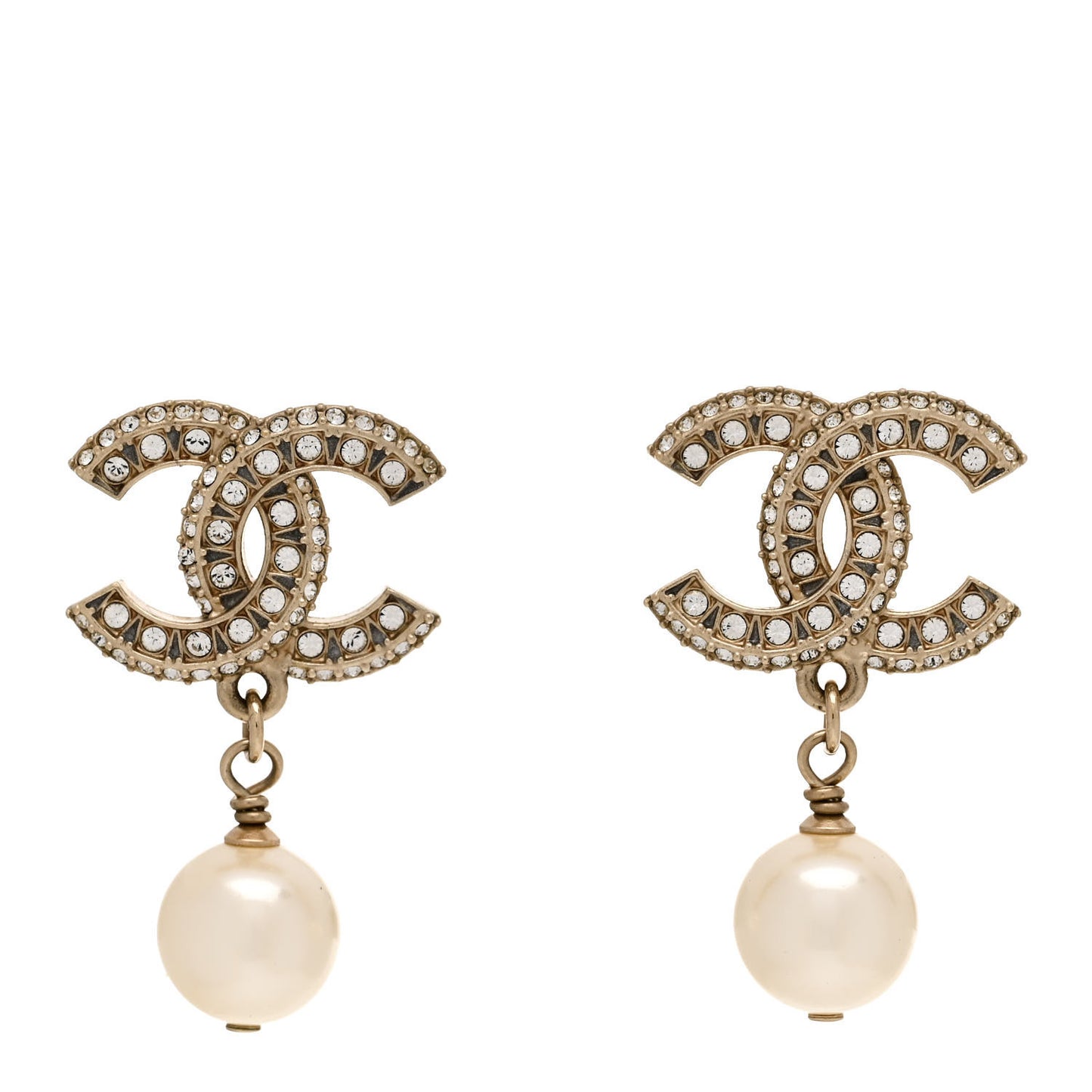 Crystal Pearl CC Drop Earrings Gold