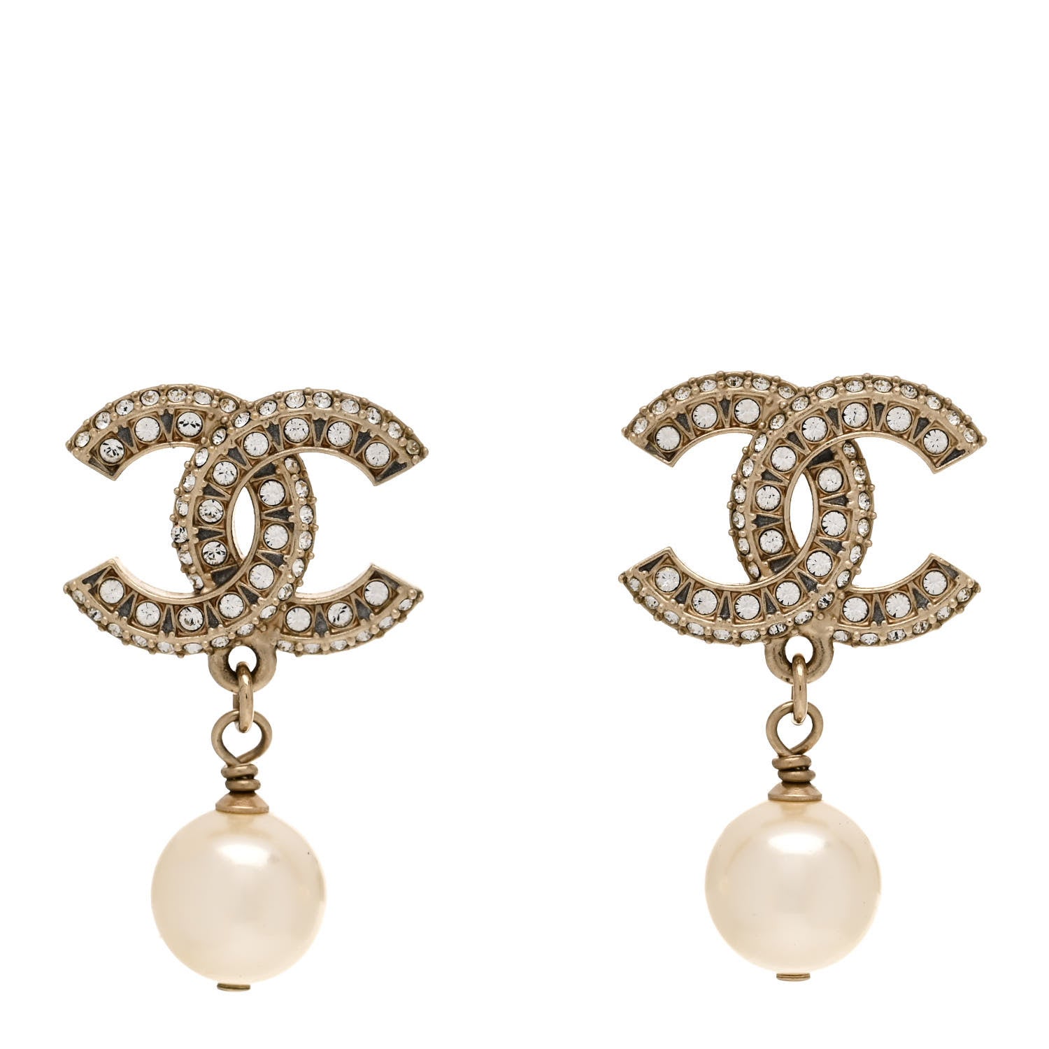 Chanel Crystal Pearl CC Drop Earrings Gold 1 of 4
