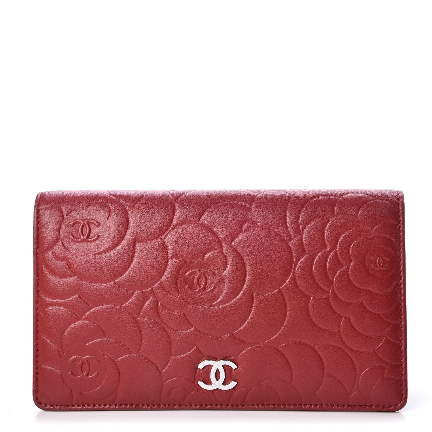 Chanel Lambskin Camellia Embossed Yen Wallet Dark Red 1 of 9