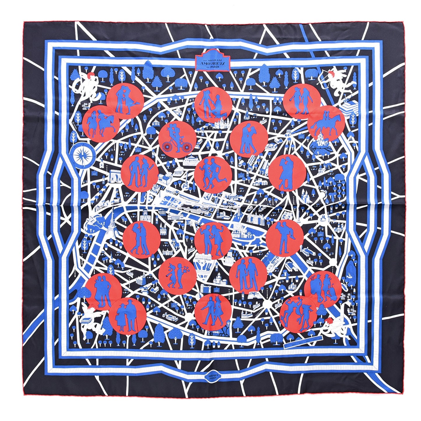 Silk Les Nouveaux Amoureux de Paris Scarf 90 Bleu Black Rouge White