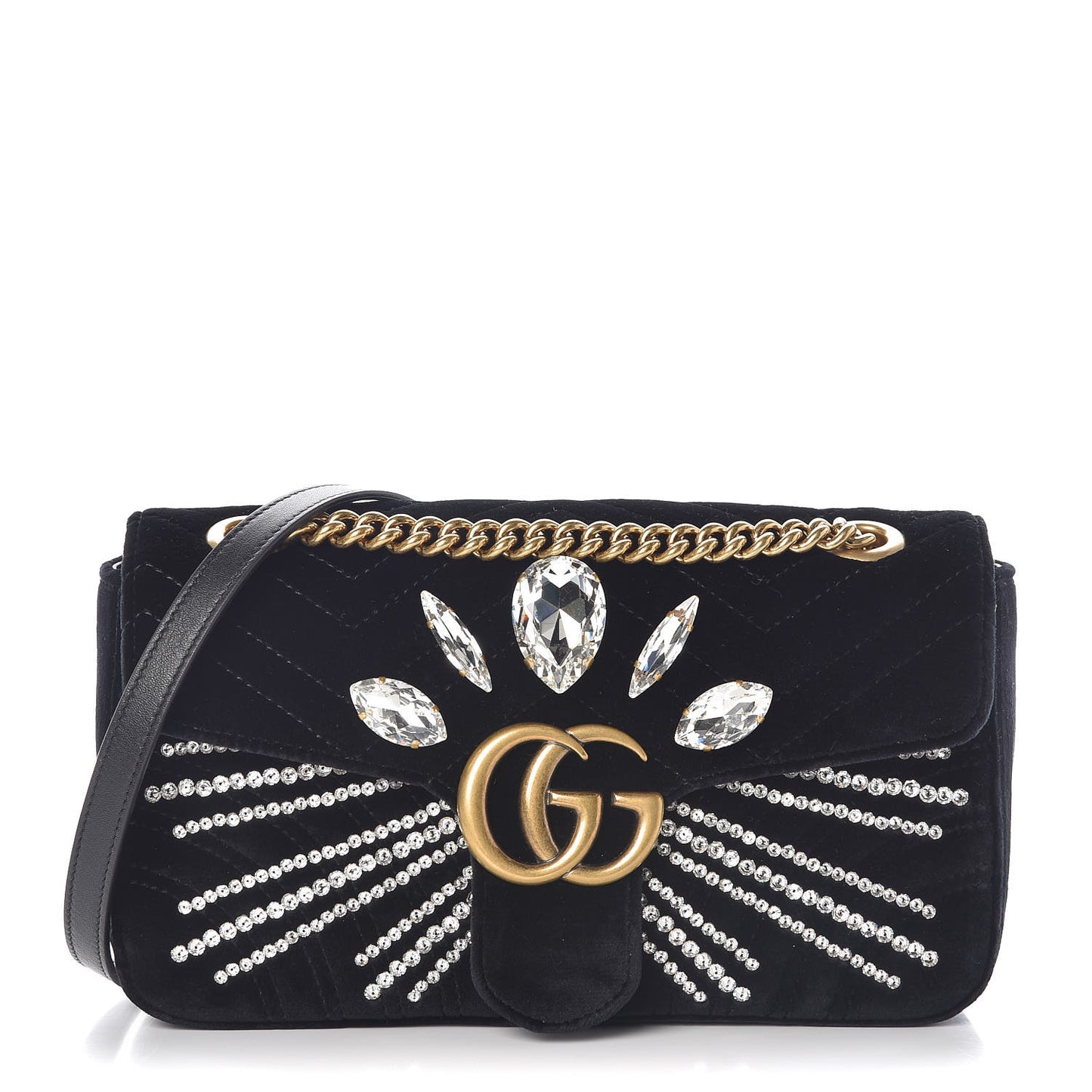 Velvet Matelasse Marquise Crystals Embroidered Small GG Marmont Shoulder Bag Black