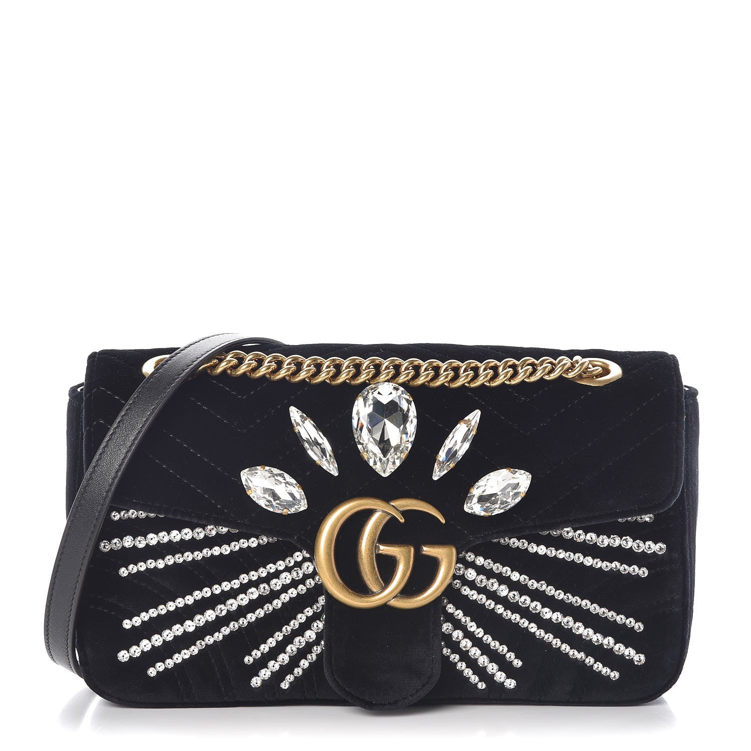 Gucci Velvet Matelasse Marquise Crystals Embroidered Small GG Marmont Shoulder Bag Black 1 of 9