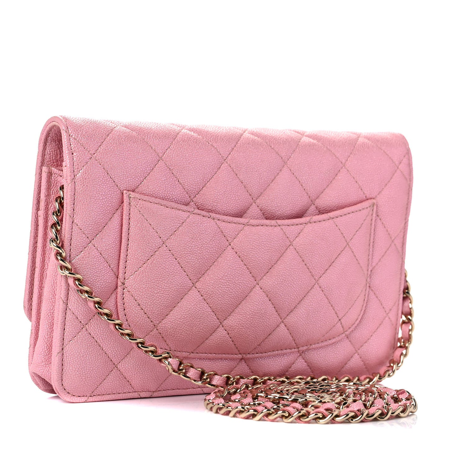 Iridescent Caviar Quilted Wallet on Chain WOC Pink