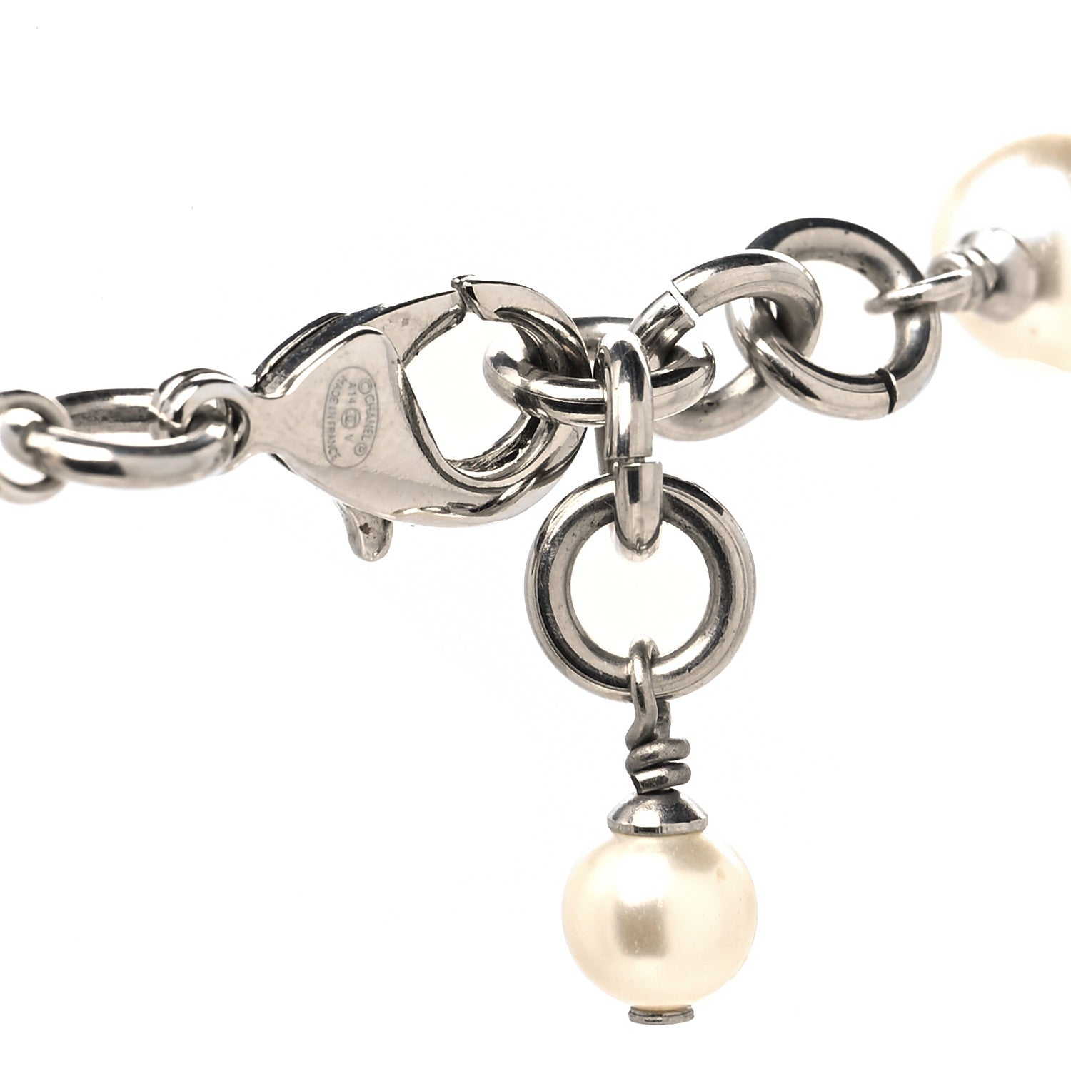 Chanel Graduated Pearl Crystal CC Long Necklace Silver 4 of 5