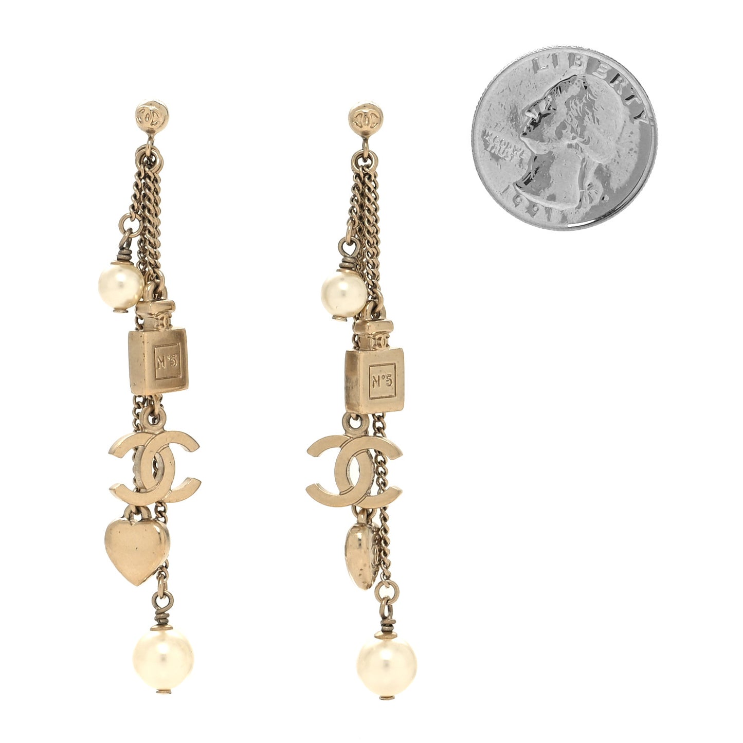 Pearl CC Charm Drop Earrings Gold