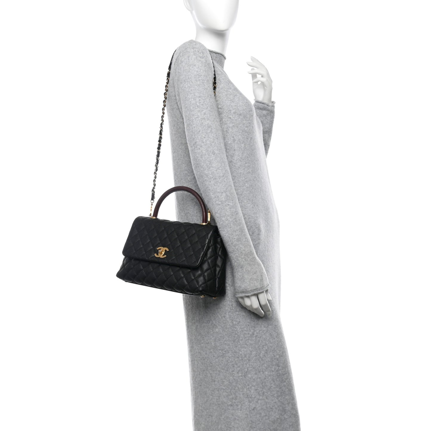 Caviar Lizard Embossed Quilted Small Coco Handle Flap Black