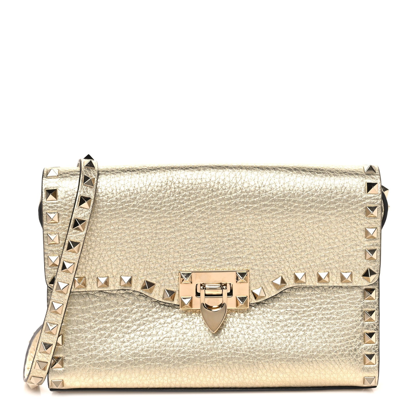Metallic Pebbled Calfskin Medium Rockstud Flip Lock Crossbody Bag Platino