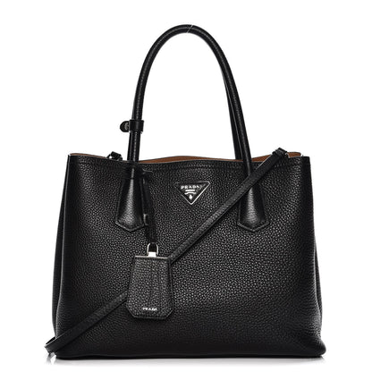 Prada Vitello Daino Small Double Tote Black Cuoio 1 of 9