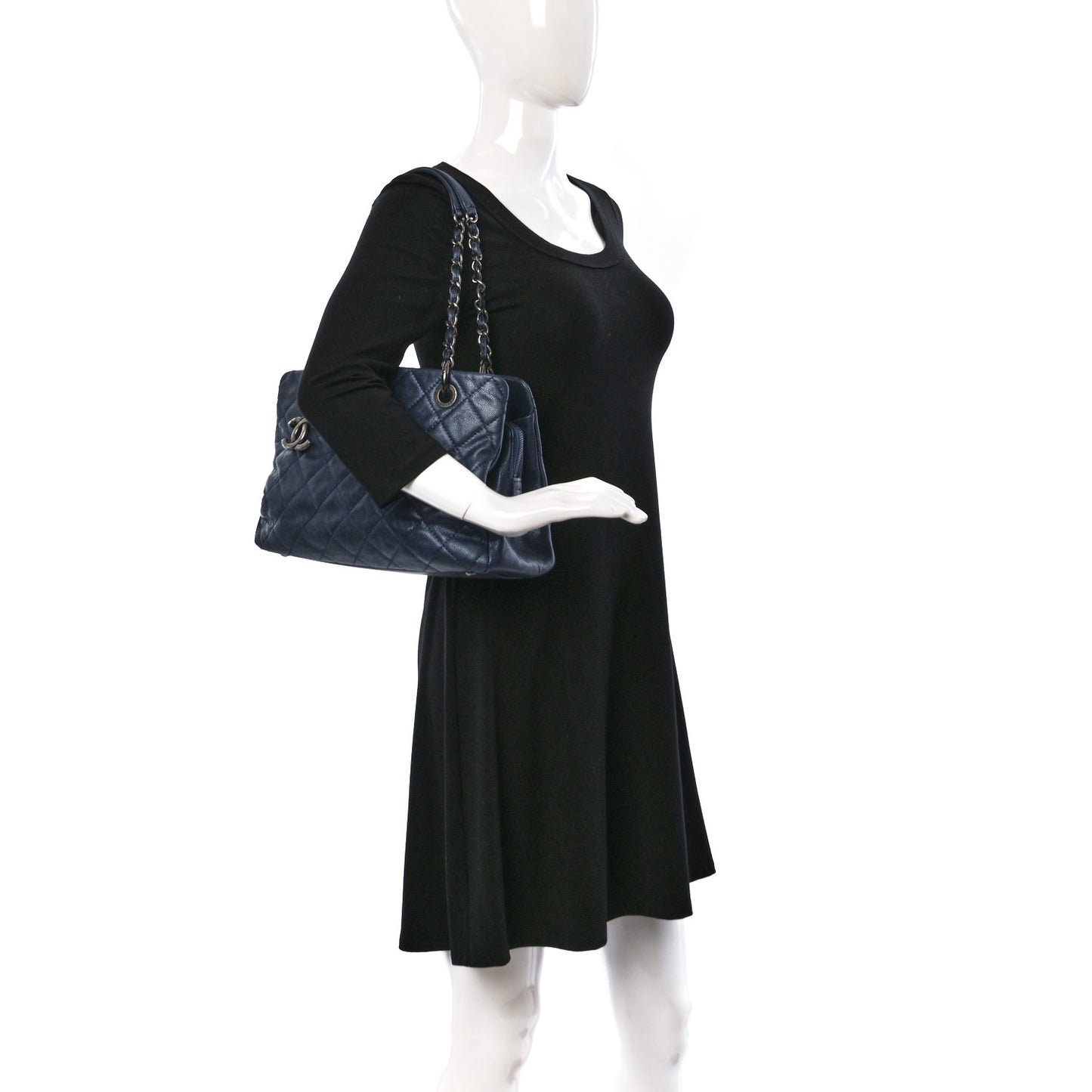 Iridescent Caviar Quilted Chic Shopping Tote Blue