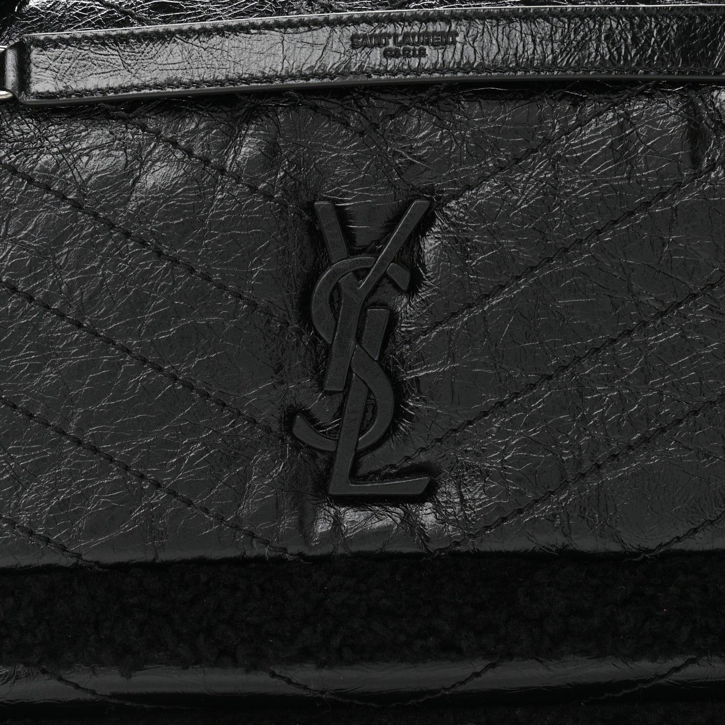 Crinkled Calfskin Shearling Monogram Medium Niki Chain Satchel Black