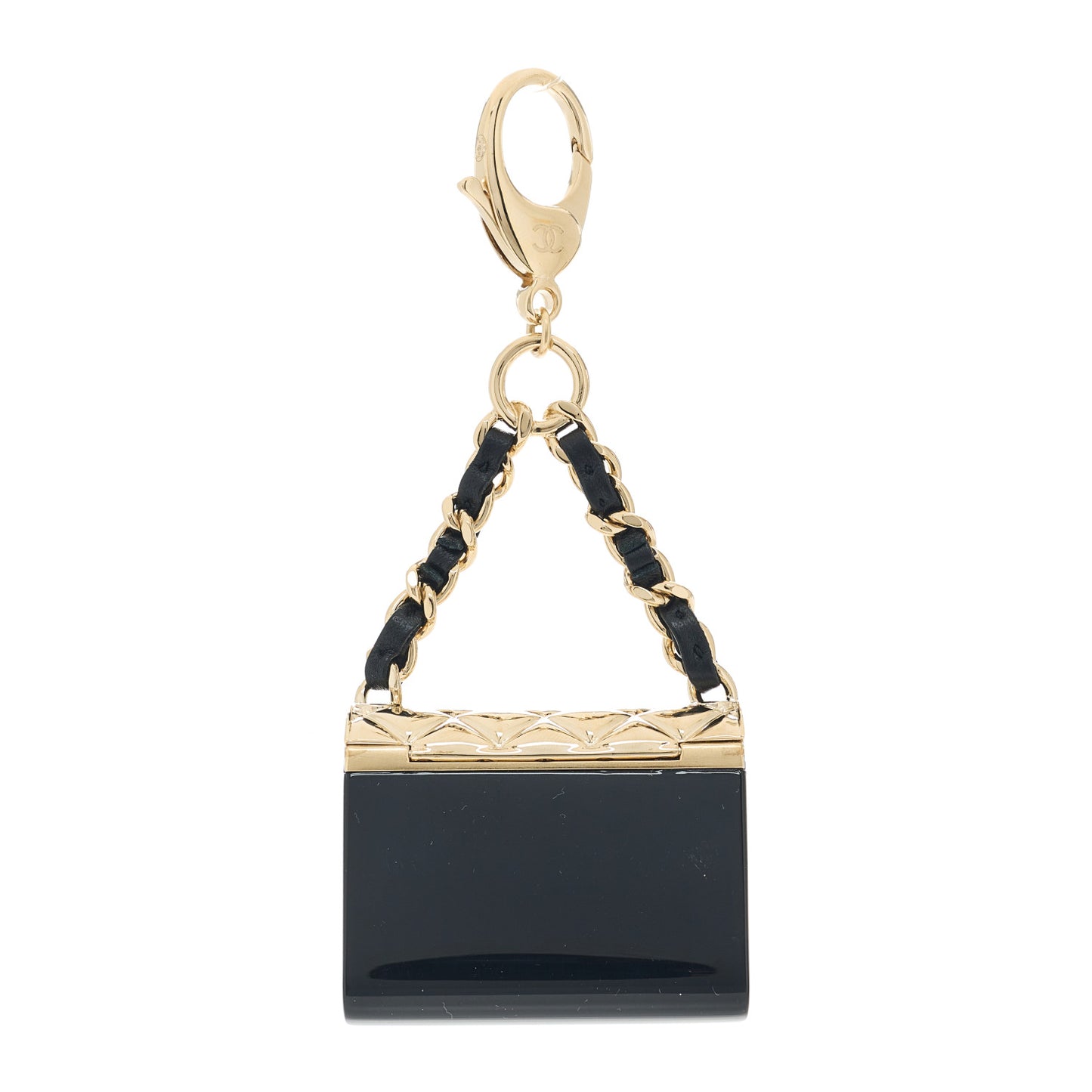 Metal Resin Lambskin Quilted Minaudiere Keychain Golden Black