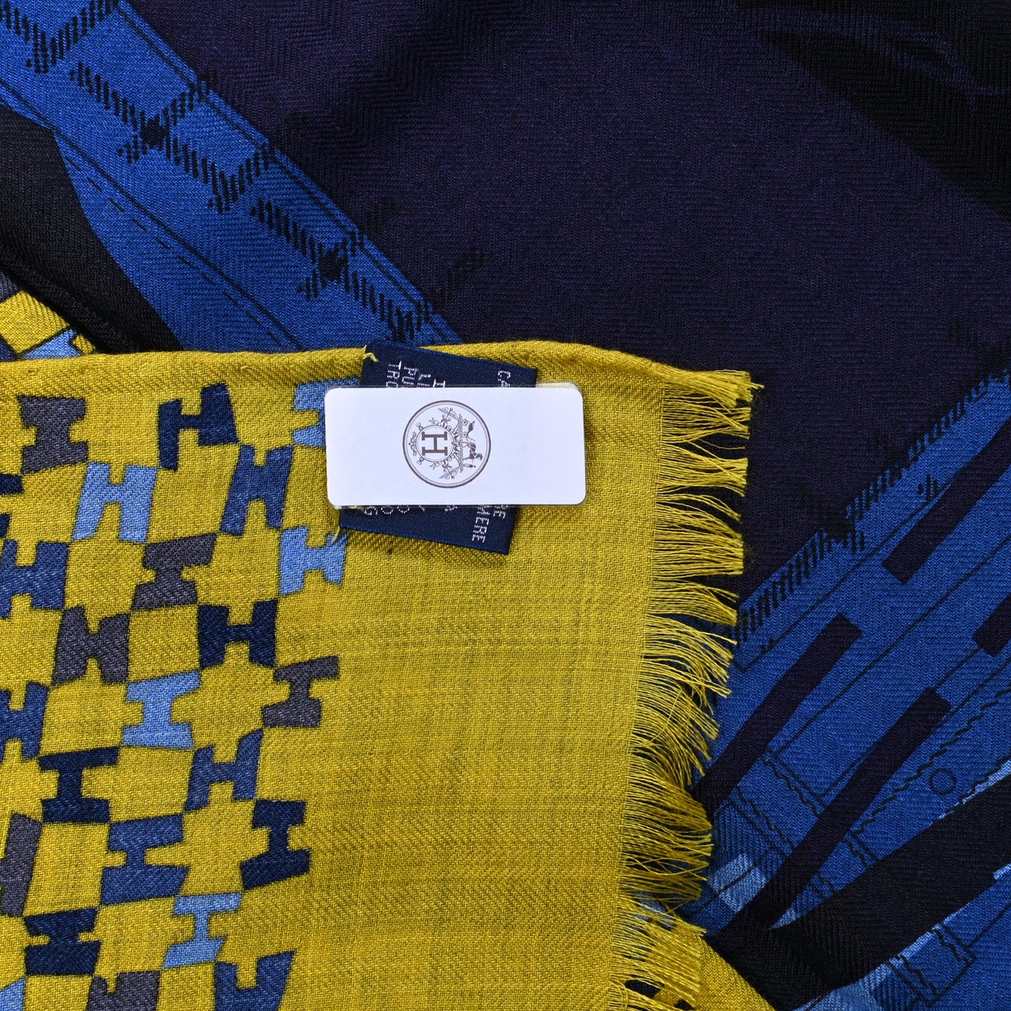Cashmere Silk Imprimeur Fou Camails H Muffler Jaune Citron Mediterranee Indigo