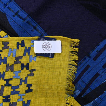Hermes Cashmere Silk Imprimeur Fou Camails H Muffler Jaune Citron Mediterranee Indigo 3 of 3