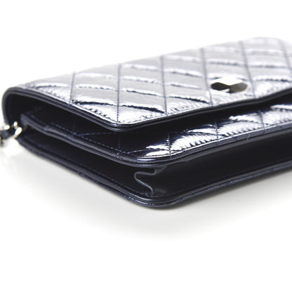 Chanel Patent Metallic Crumpled Calfskin Quilted Wallet On Chain WOC Navy 6 of 12