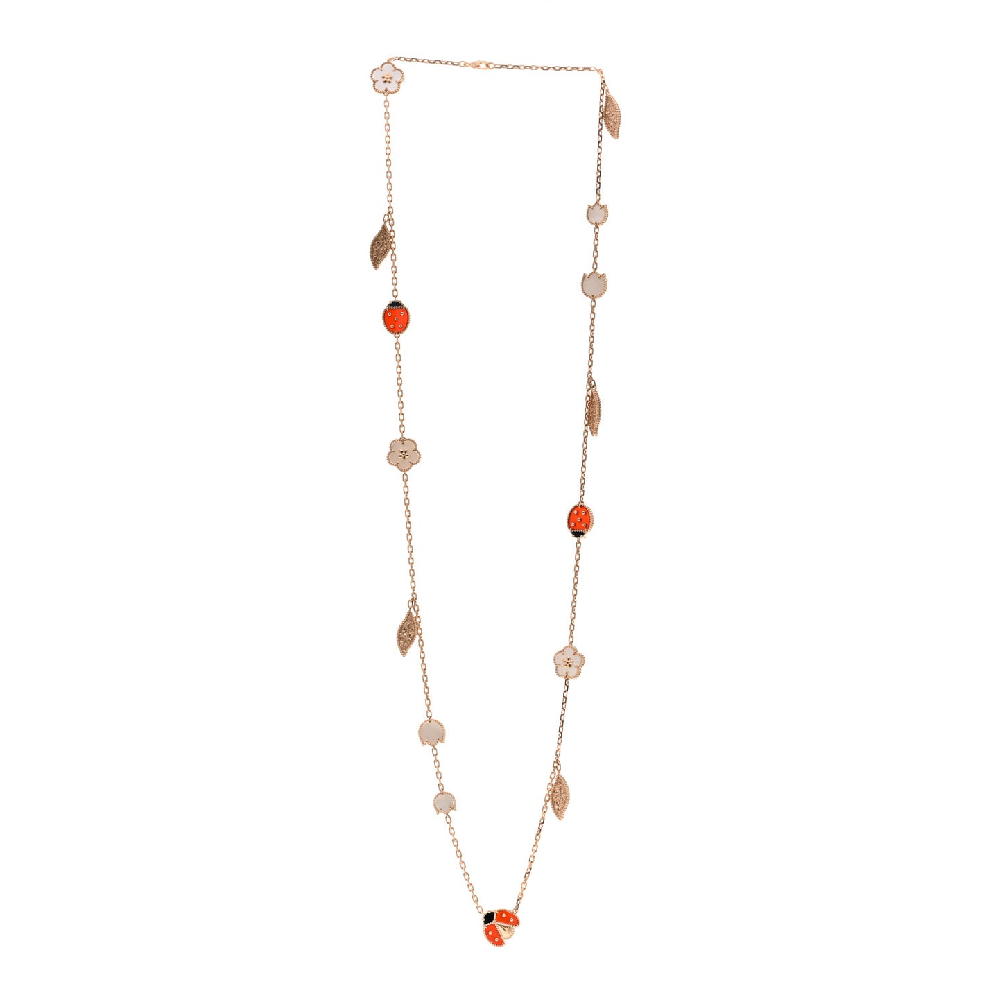 18K Rose Gold Mother of Pearl Carnelian Onyx 15 Motifs Lucky Spring Long Necklace
