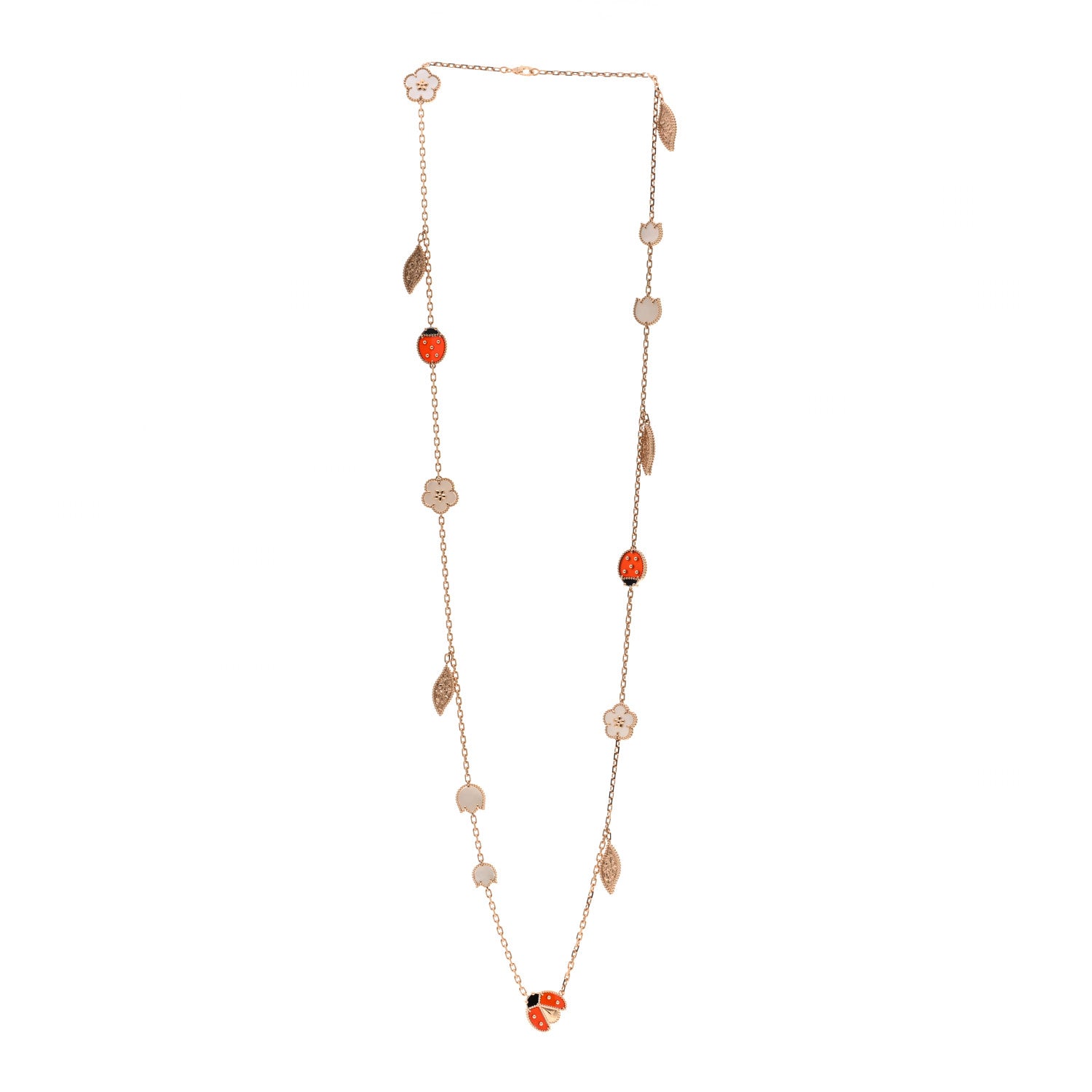 Van Cleef & Arpels 18K Rose Gold Mother of Pearl Carnelian Onyx 15 Motifs Lucky Spring Long Necklace 3 of 5