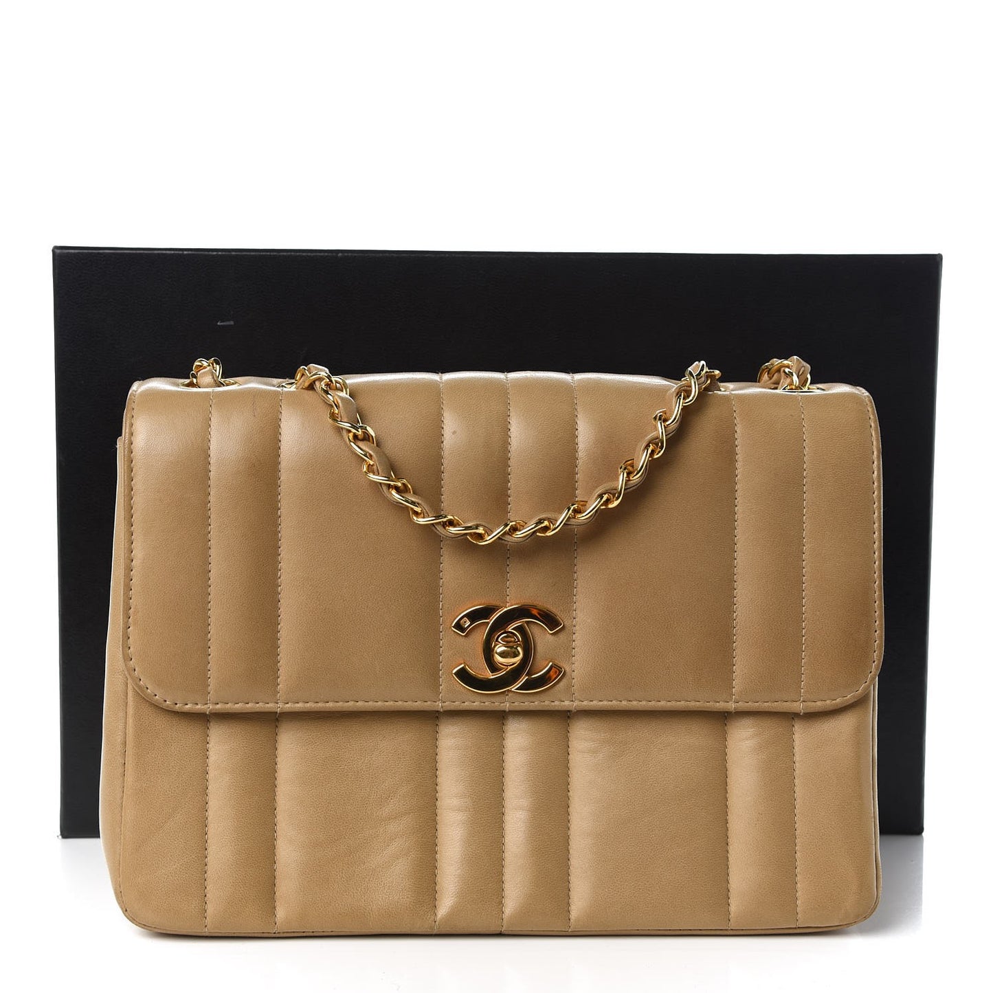 Lambskin Vertical Quilt Small Single Flap Beige