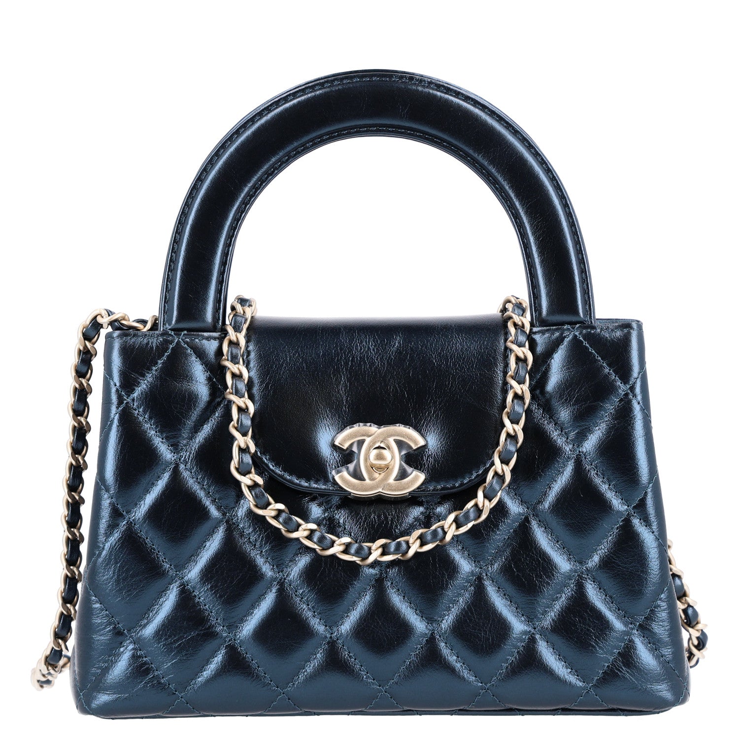 Chanel Metallic Aged Calfskin Quilted Nano Kelly Shopper Navy 1 of 10