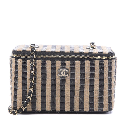 Chanel Raffia Jute Striped Small Vanity Case With Chain Black Beige 1 of 10