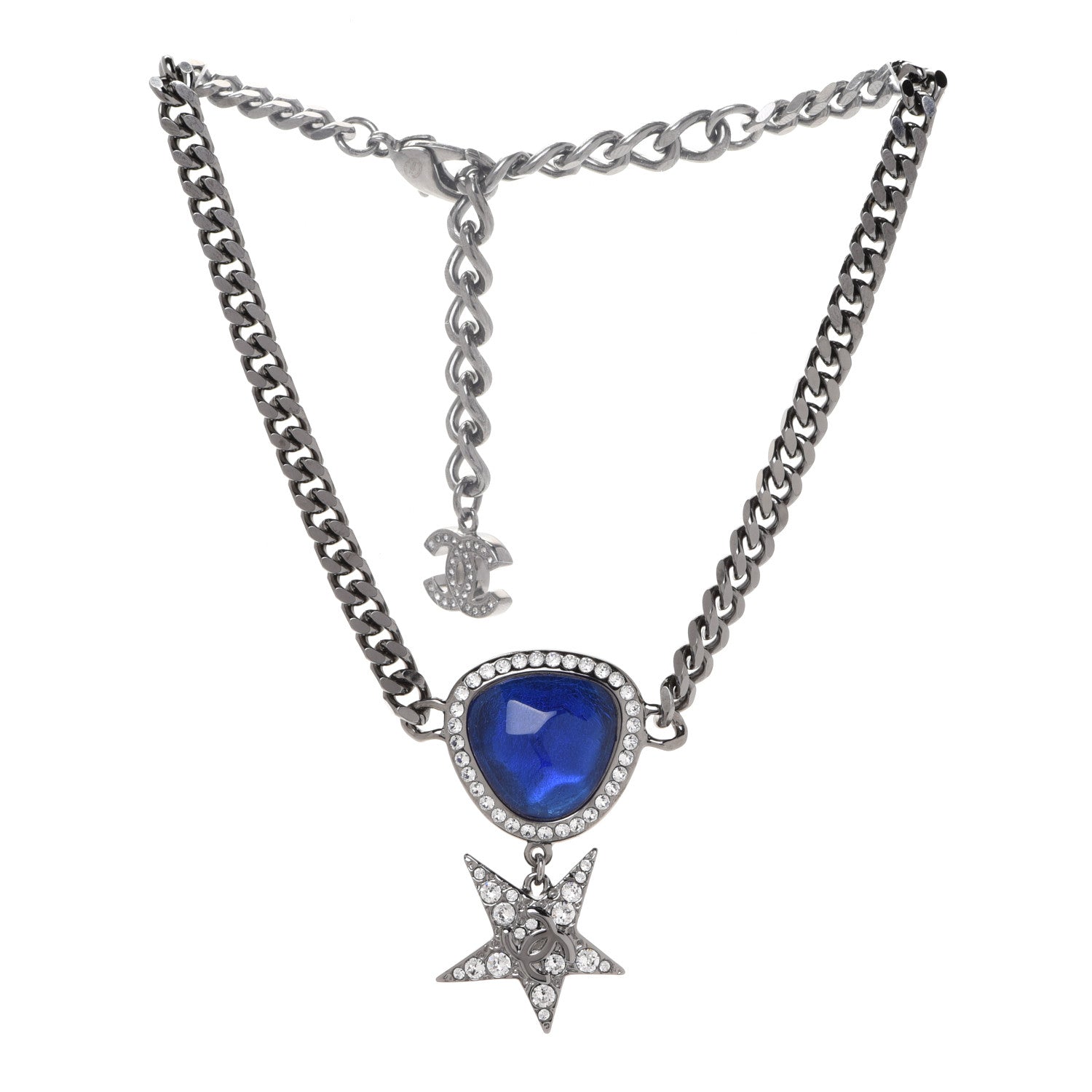 Chanel Crystal Star CC Choker Drop Necklace Silver Blue 3 of 6