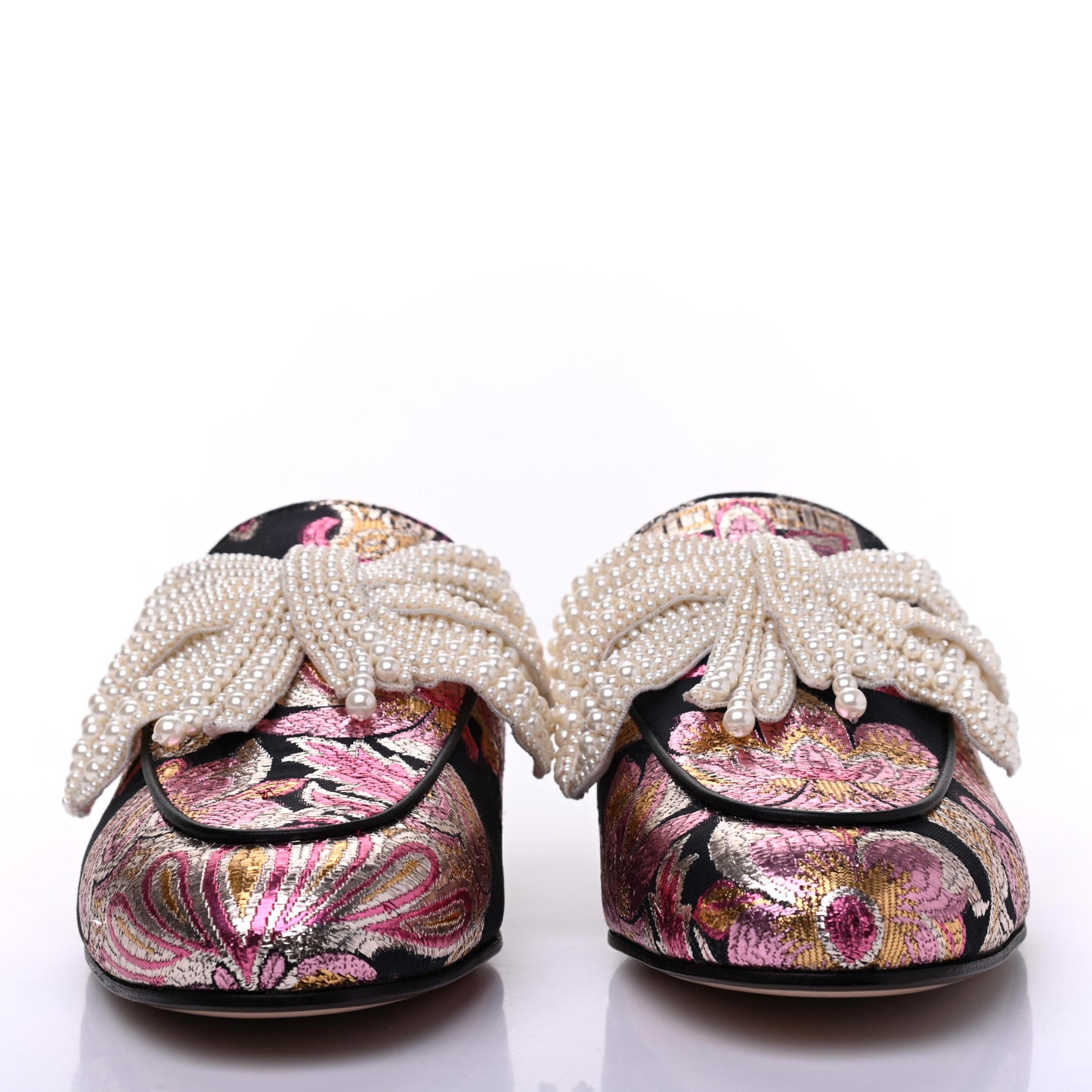 Iridescent Brocade Pearl Bow Womens Princetown Slippers 36.5 Black Pink