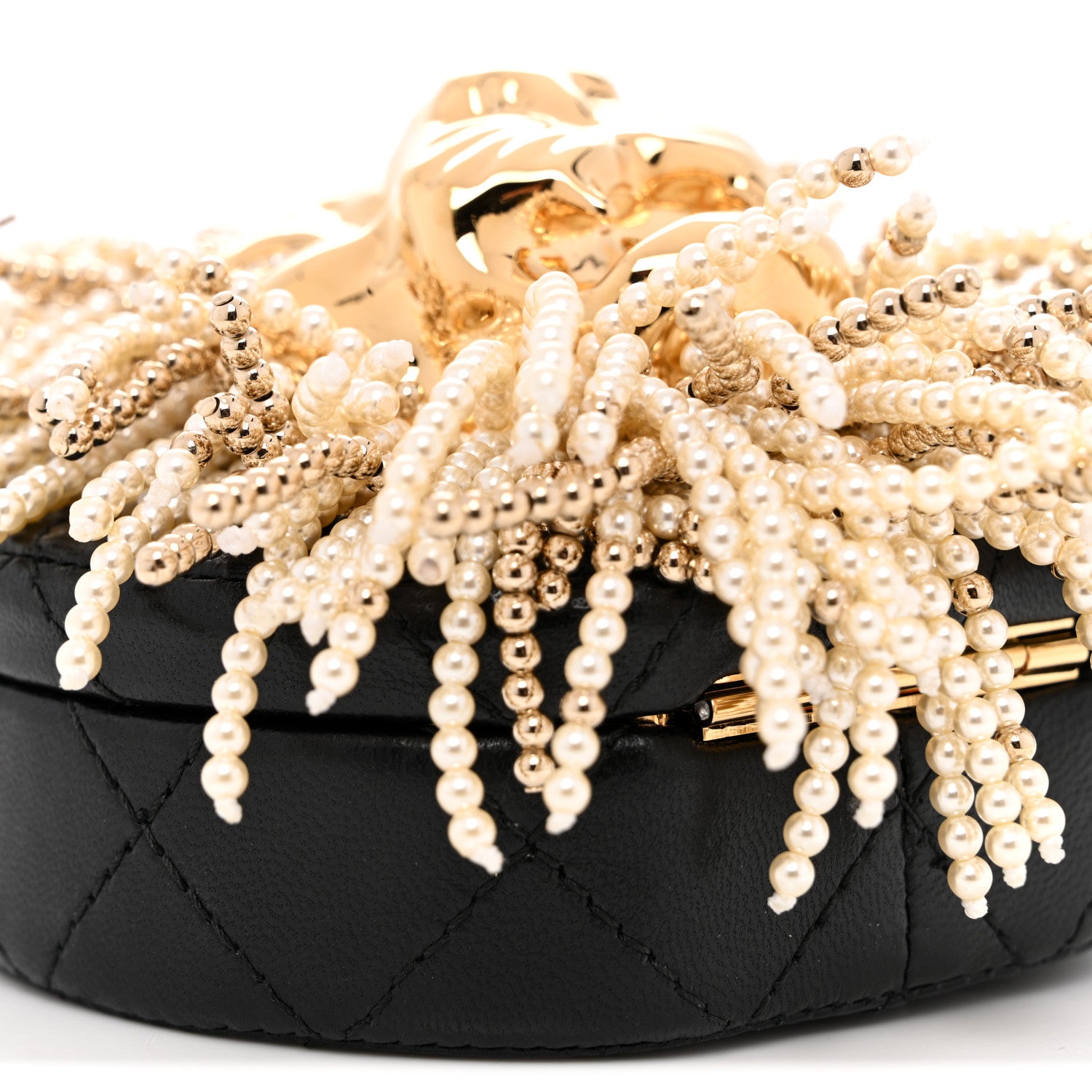 Chanel Lambskin Pearl Crystal Lion Round Minaudiere Clutch Black Gold 9 of 12