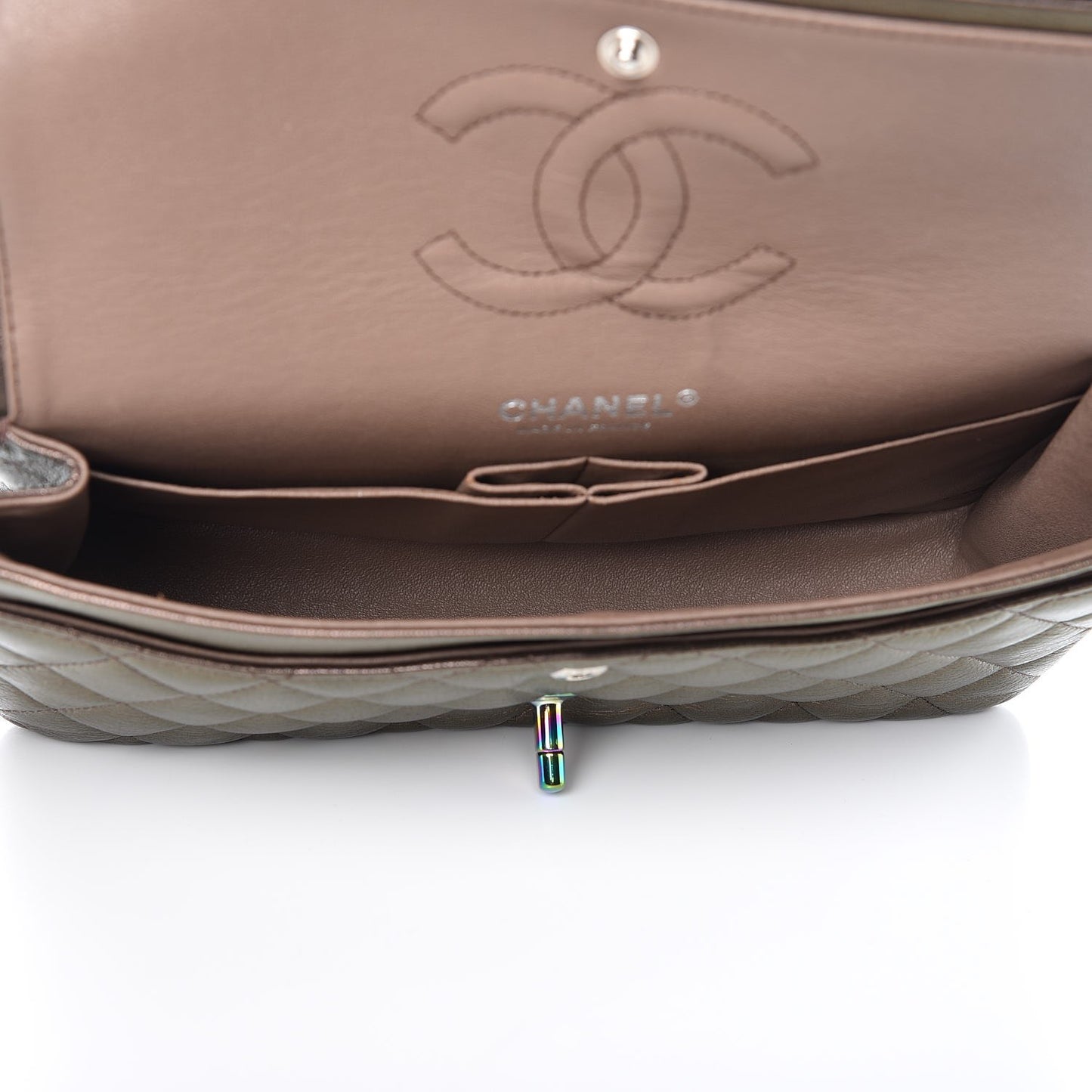 Iridescent Goatskin Quilted Medium Double Flap Bronze