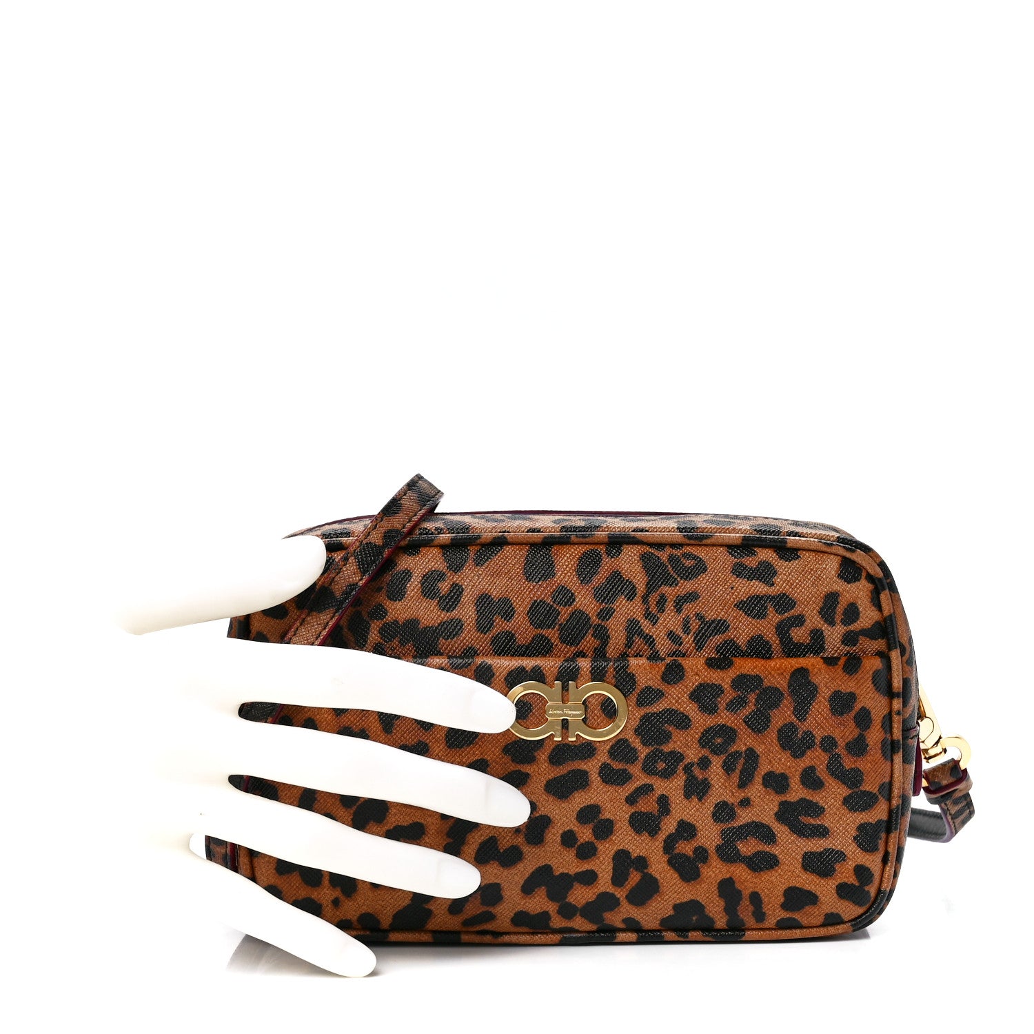 Salvatore Ferragamo Grained Calfskin Leopard Print Camera Bag Brown 3 of 11