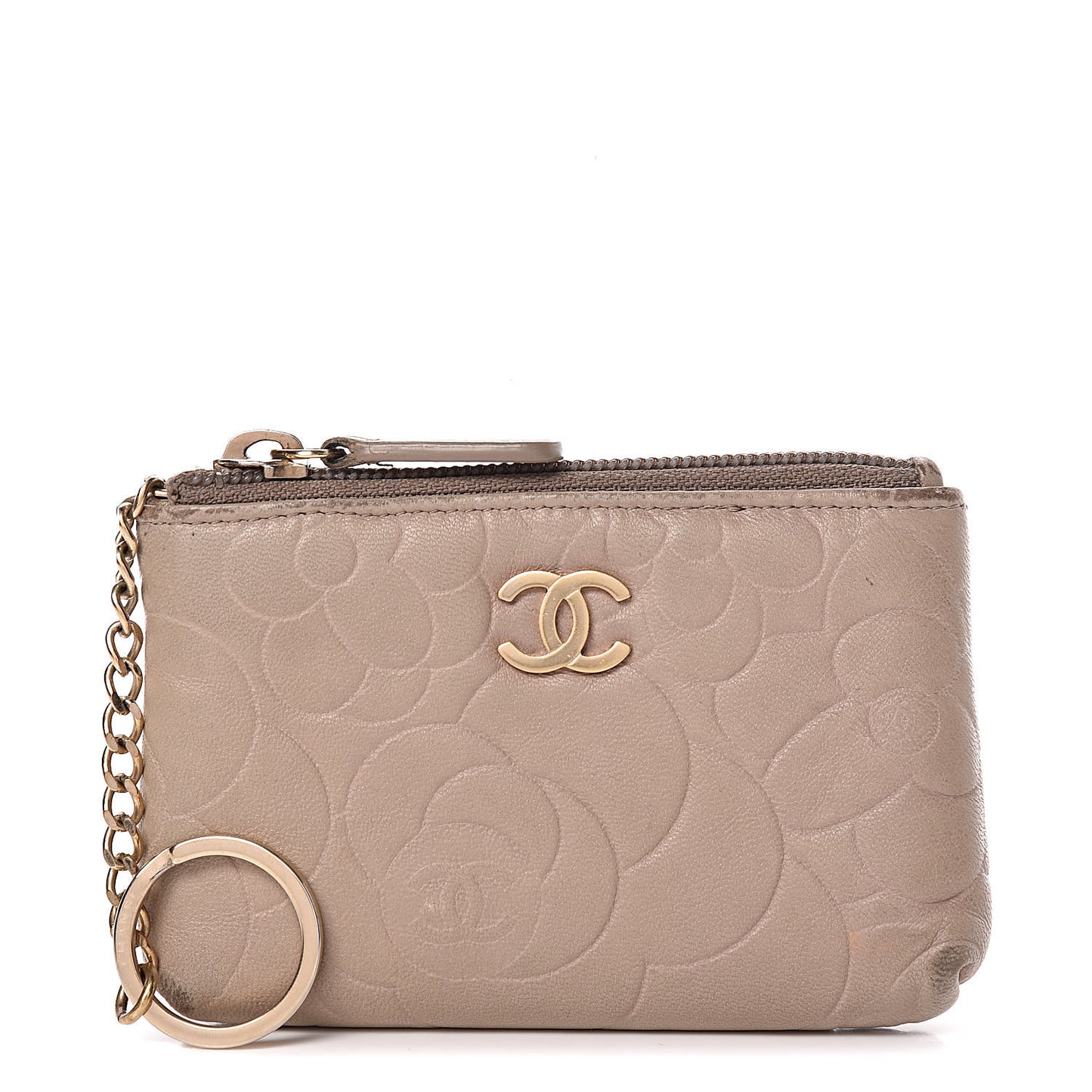 Lambskin Camellia Embossed Key Holder Case Beige