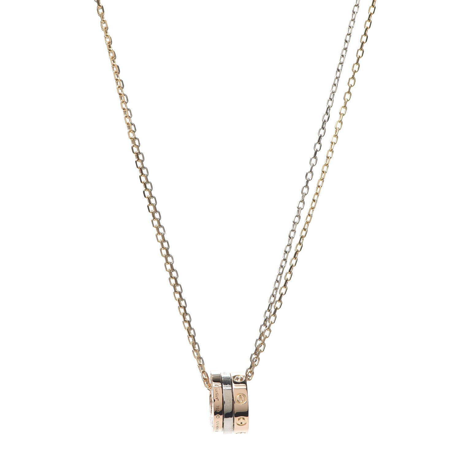 Cartier 18K White Pink Gold Diamond Three Ring LOVE Pendant Necklace 1 of 6