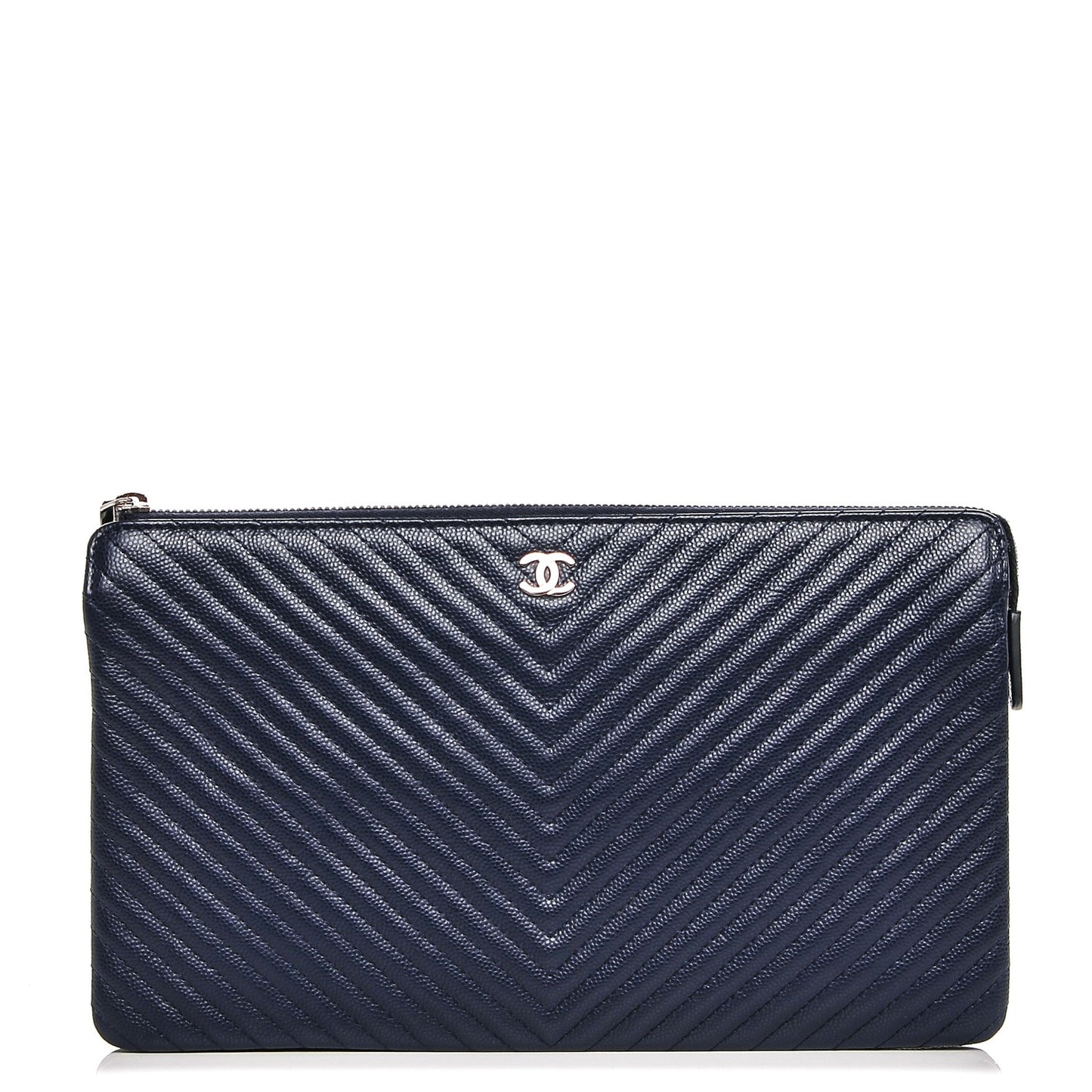Caviar Chevron Quilted Large Zipped Clutch Navy