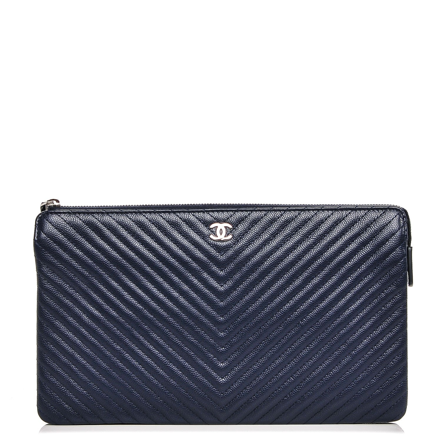Chanel Caviar Chevron Quilted Large Zipped Clutch Navy 1 of 8