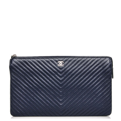 Chanel Caviar Chevron Quilted Large Zipped Clutch Navy 1 of 8