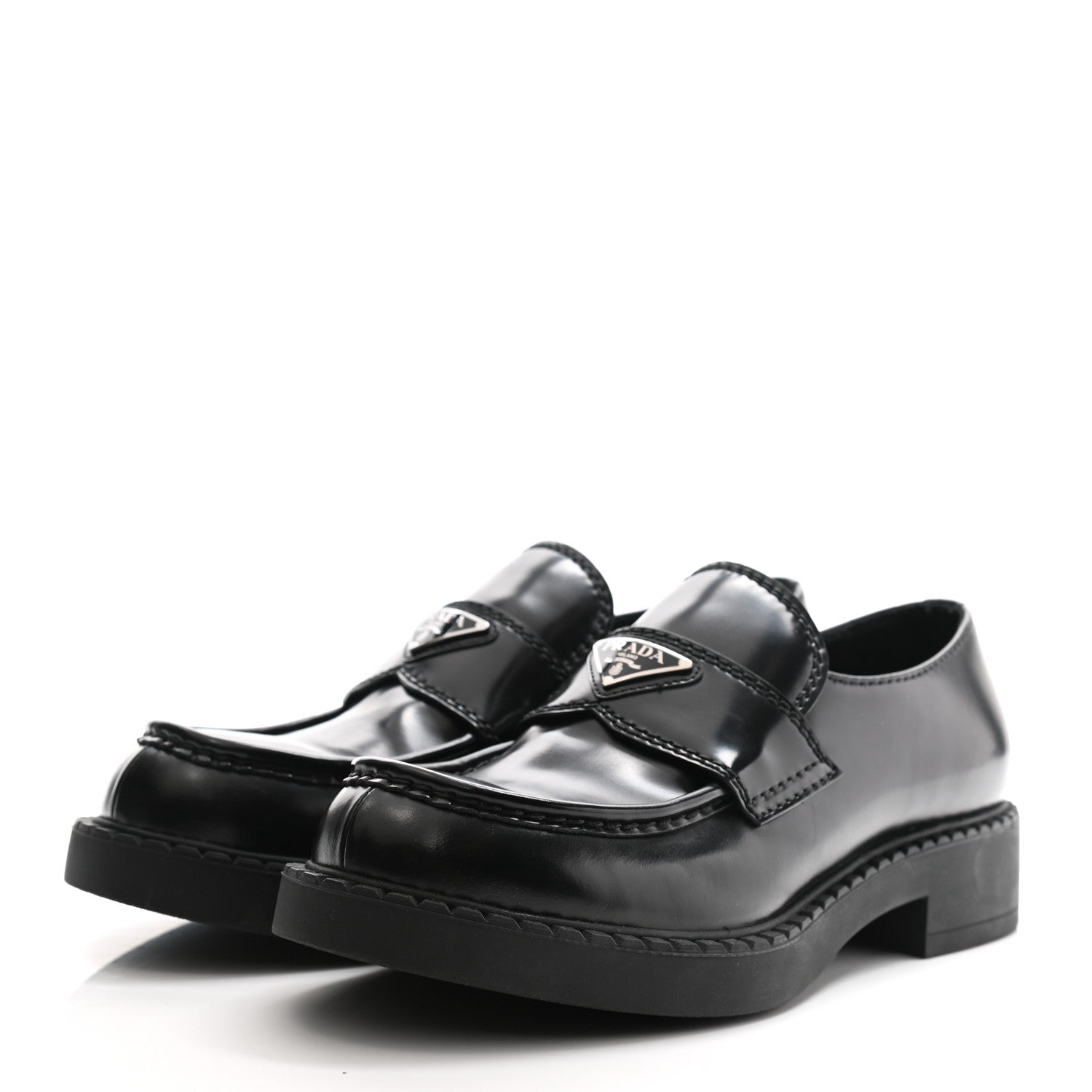 Prada Spazzolato Metal Triangle Logo Mens 35mm Loafers 7.5 Black 3 of 10