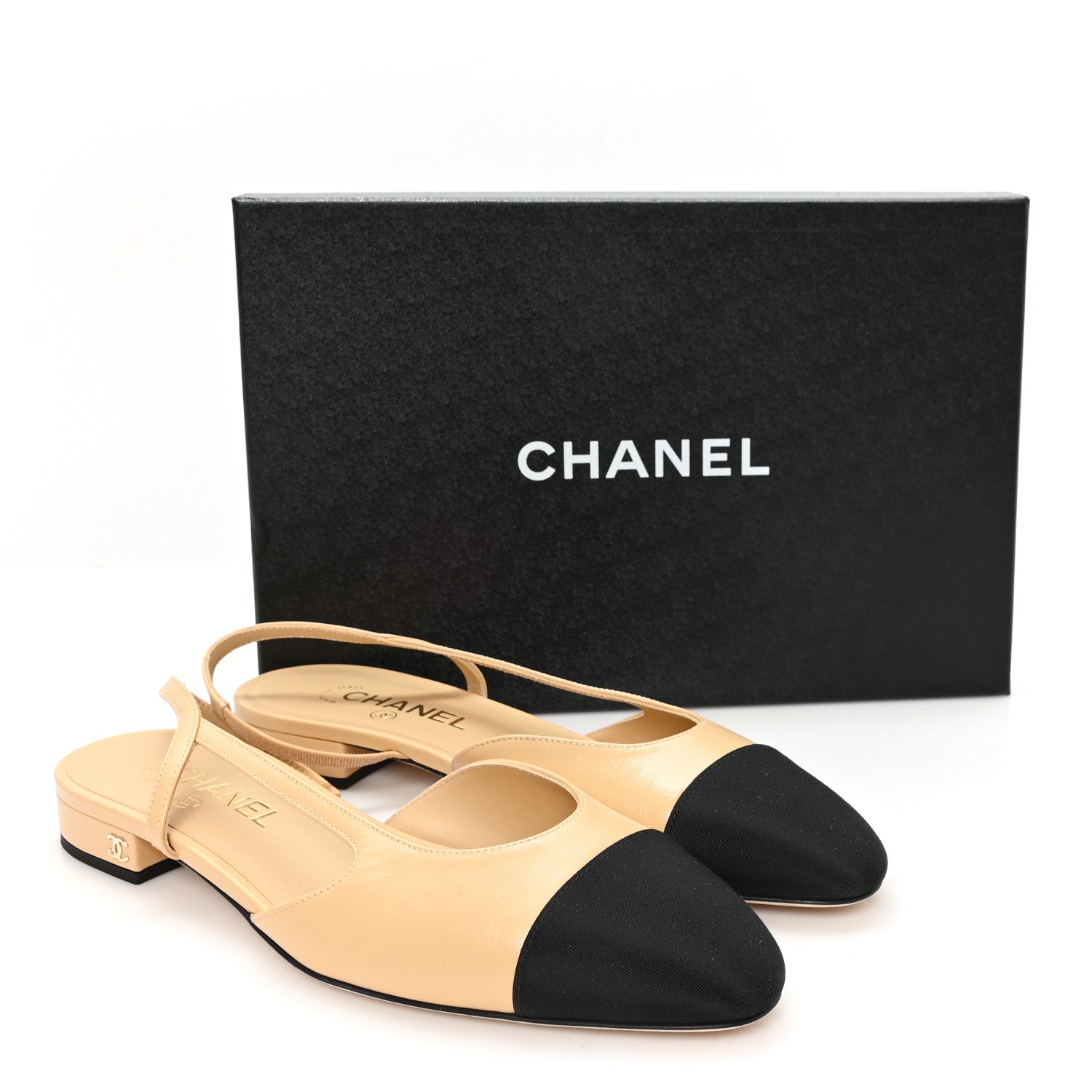 Chanel Lambskin Grosgrain Cap Toe CC Slingback Sandals 40 Beige Black 10 of 10