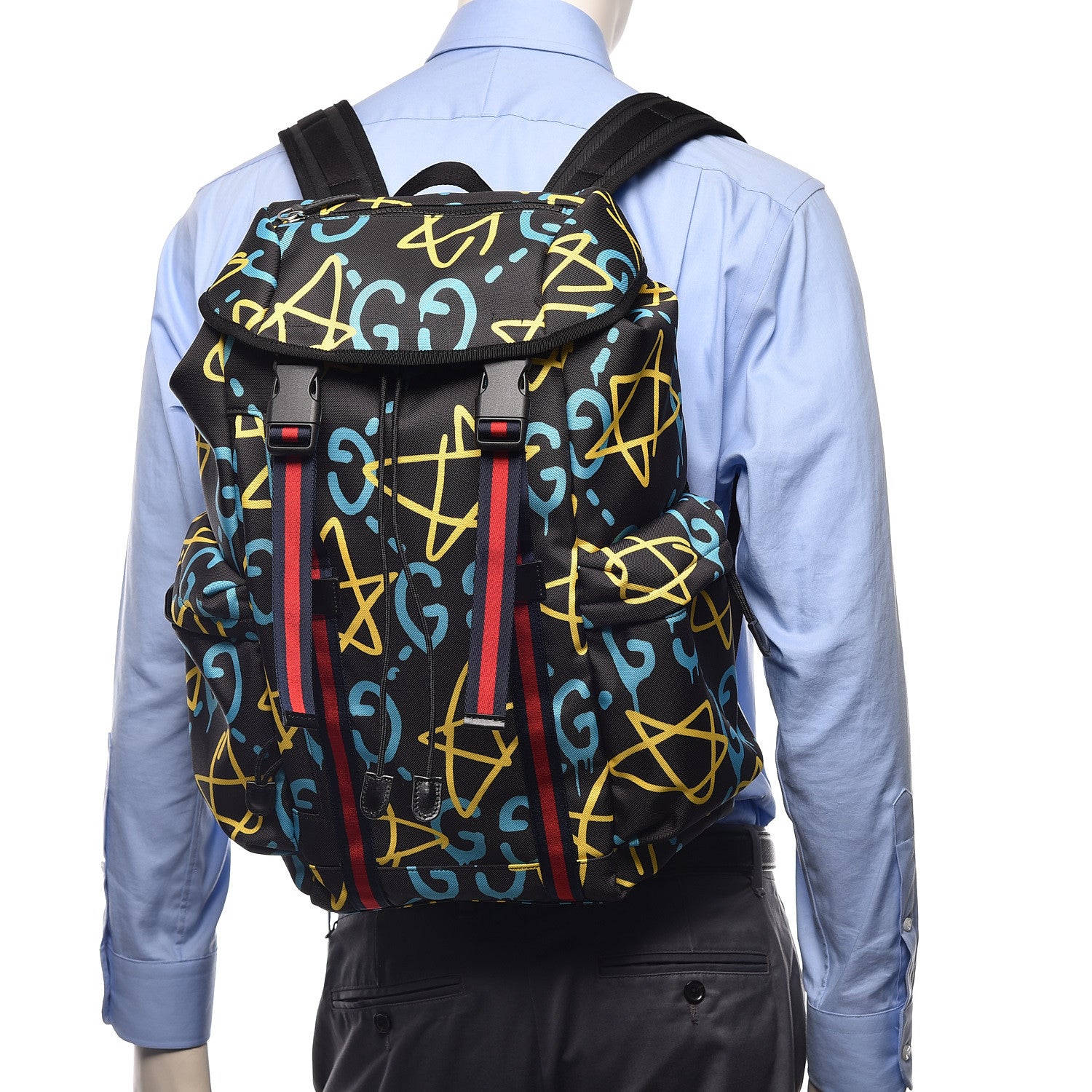 Gucci Techno Canvas GucciGhost Double Buckle Backpack Black New Acquamarine 2 of 11