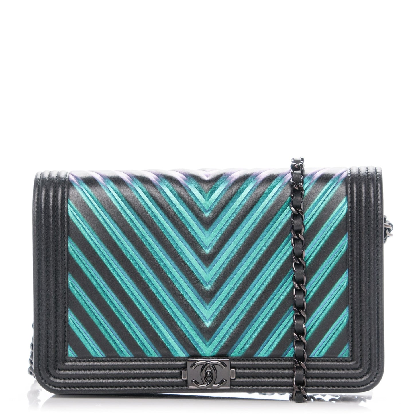 Calfskin Painted Chevron Embossed Boy Wallet On Chain WOC Black