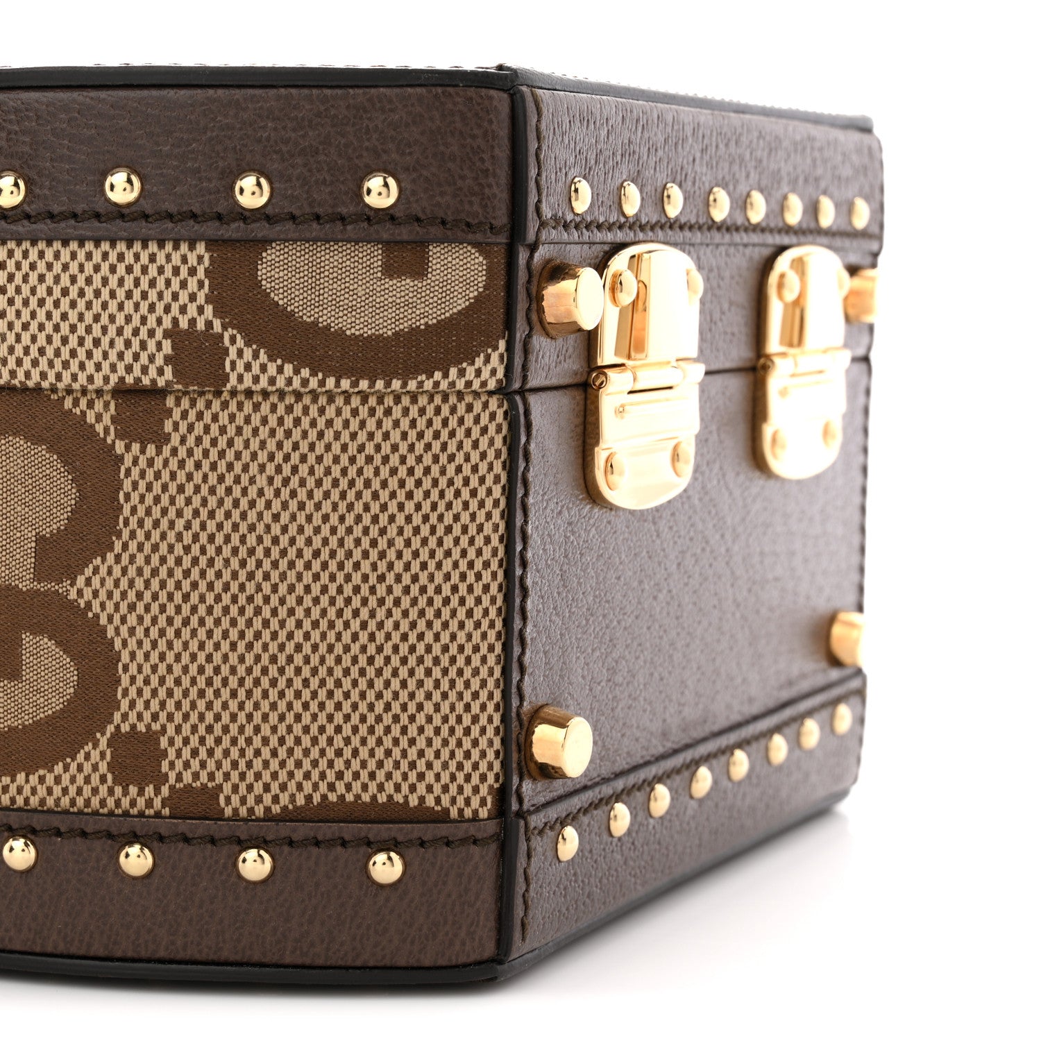 Gucci Monogram Jumbo GG Textured Dollar Calfskin Web Mini Savoy Hat Box Camel Ebony New Acero 8 of 10