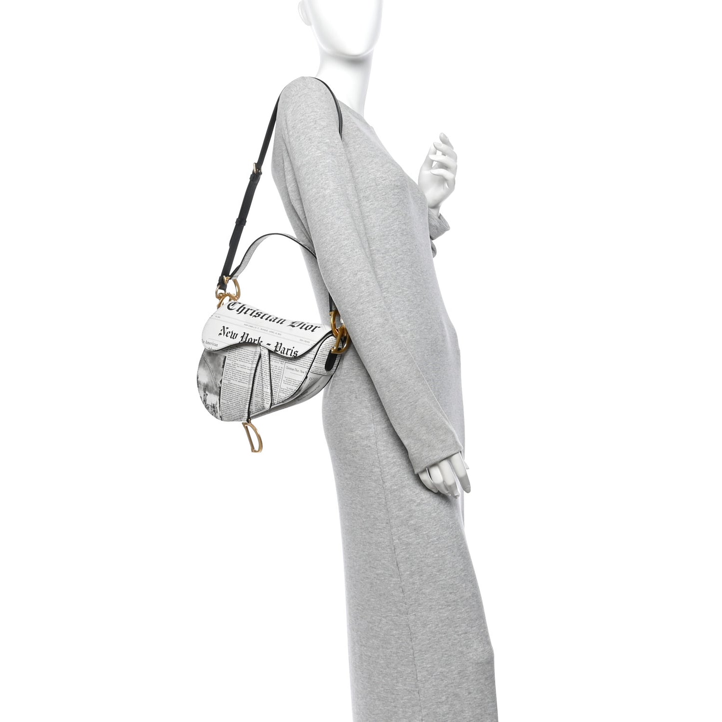 Calfskin Newspaper Printed Saddle Bag With Strap Black White