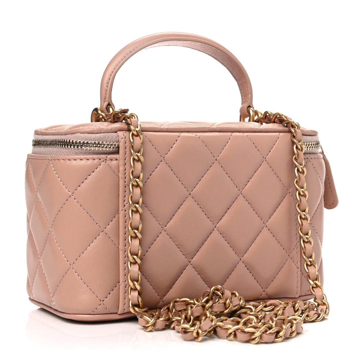 Lambskin Quilted Small Top Handle Vanity Case With Chain Beige