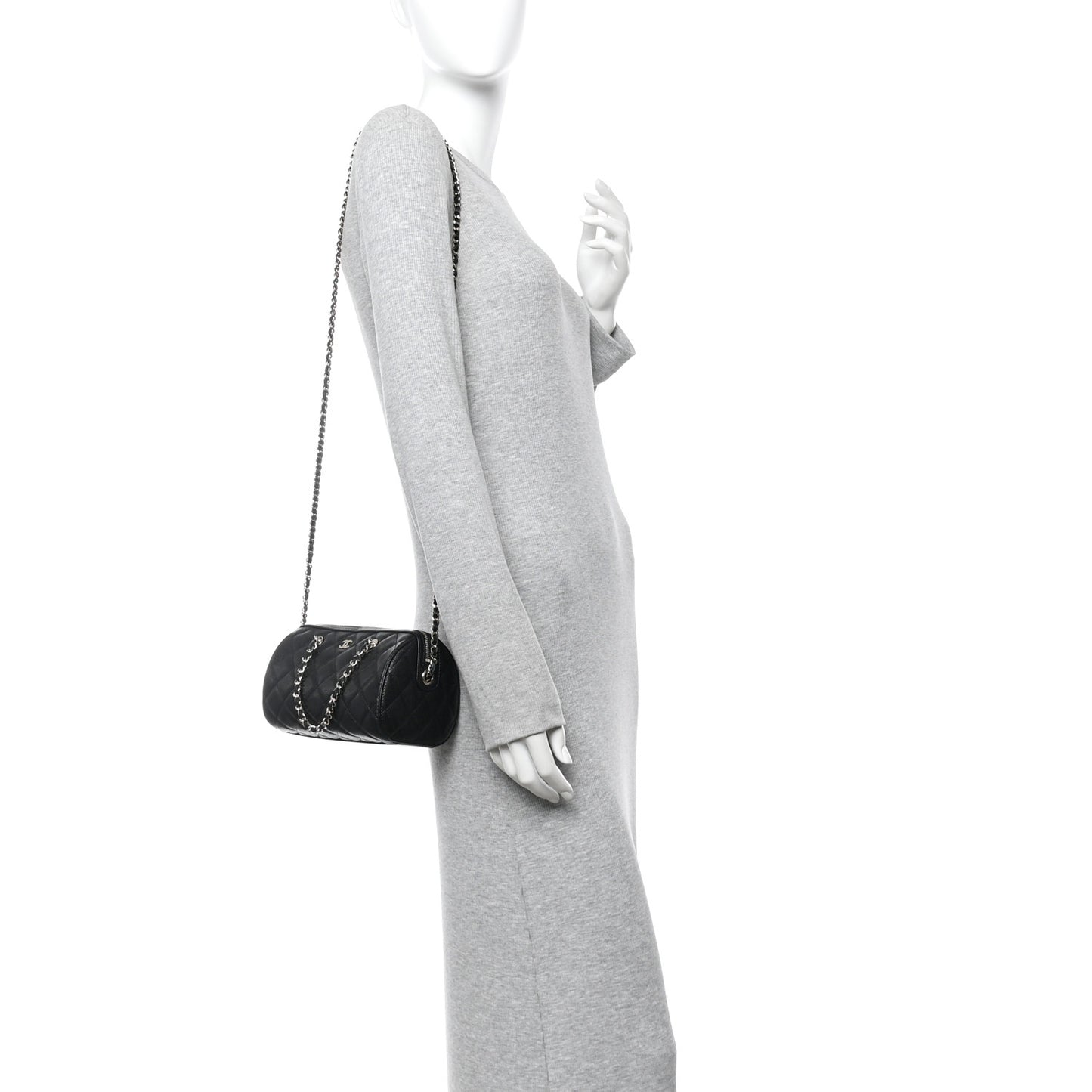 Caviar Quilted Barrel Clutch With Chain  Black